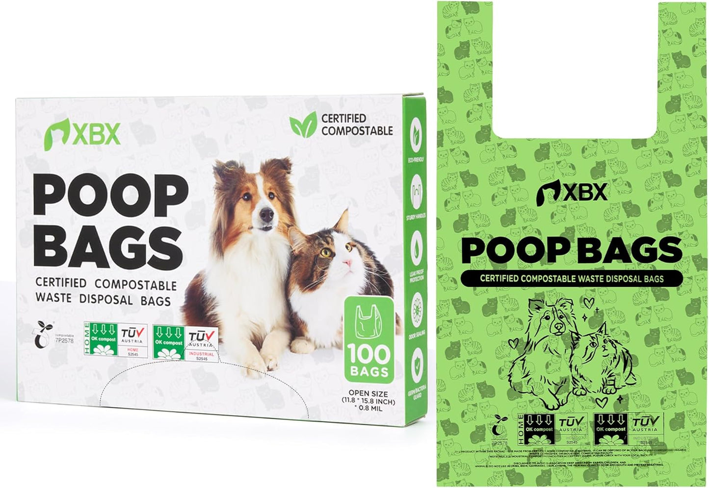 Cat Litter Bags for Poop, Compostable Kitty Poop Bags, 100 Count Unscented Disposal Waste Bags with Handle, Fit Any Scoop, Odor Sealing and Leakproof Dog Pooper Bag