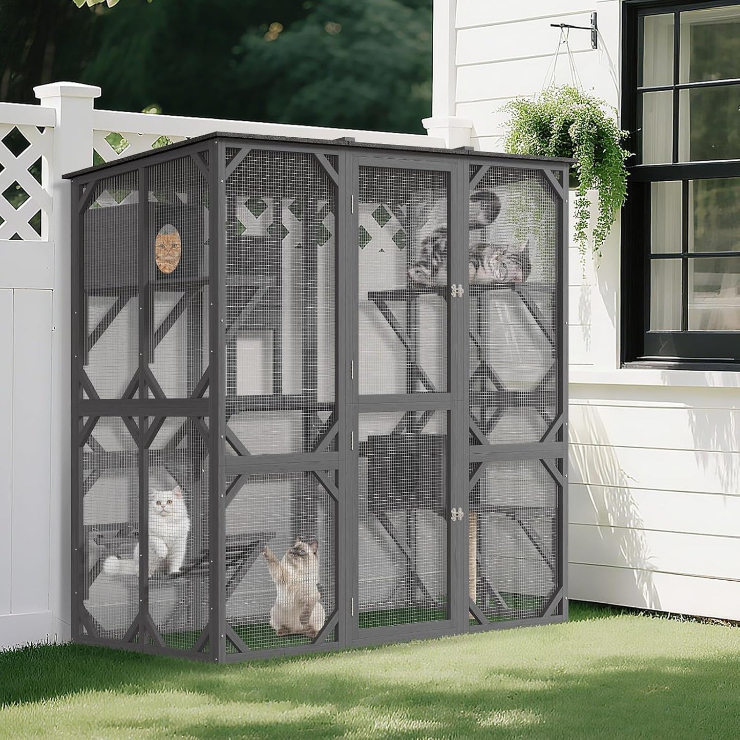 GAOMON Large Catio with Window Access, 70 Inch Outdoor Walk-in Cat Enclosure with Asphalt Roof, Scratch Post and Bridge, Catios for Cats Outdoor Patio Dark Grey