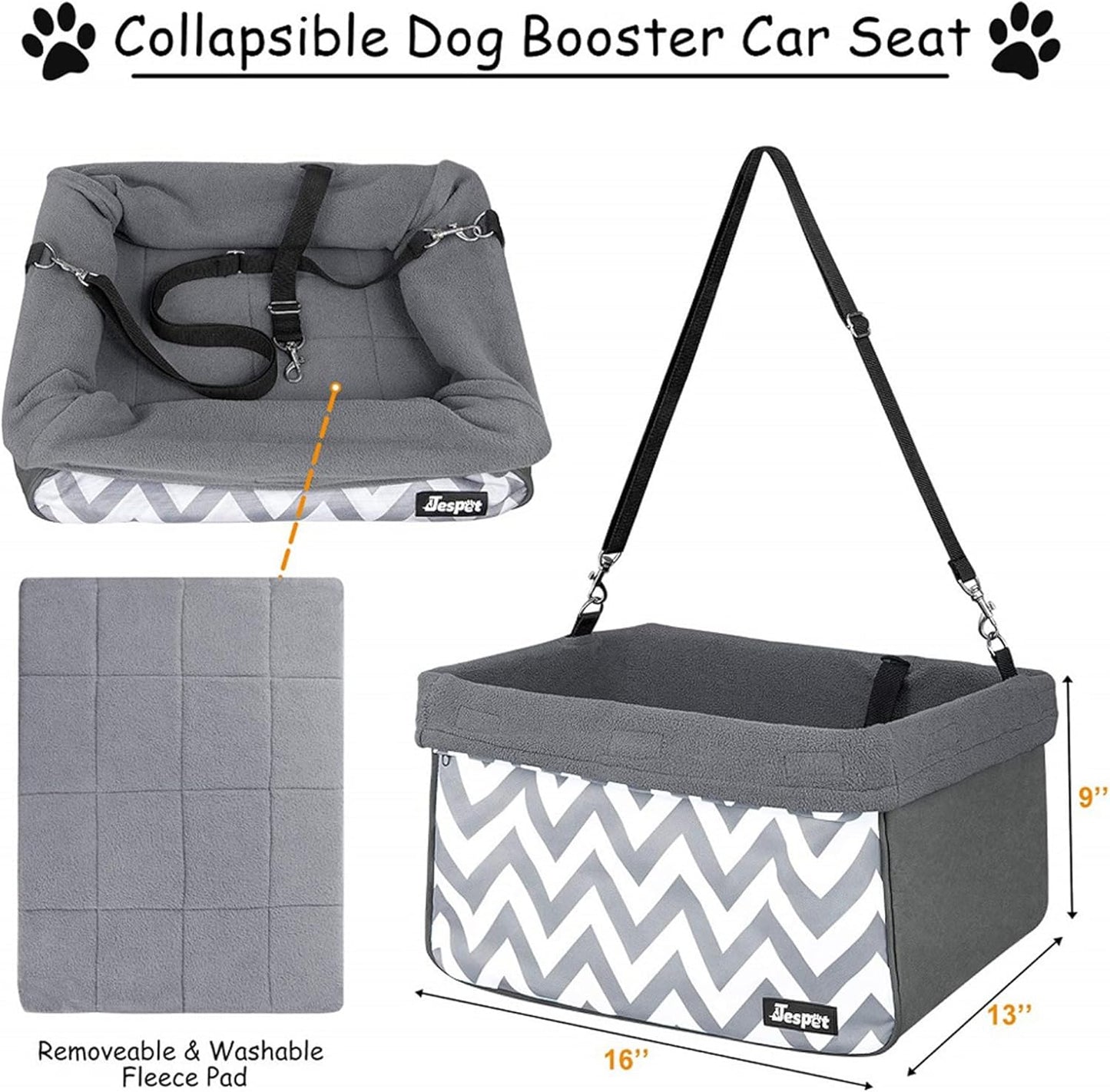 JESPET & GOOPAWS: Pet Safety Booster Car Seat - Grey Stripe -Small Dogs & Cats Up to 24lbs, Cozy Fleece Lined Bed, Collapsible Portable Travel Carrier