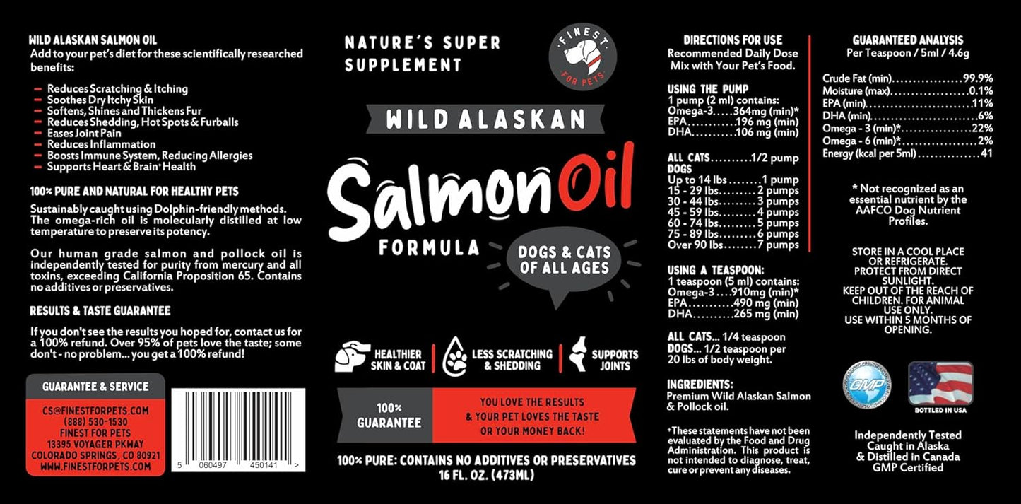 Finest For Pets Wild Alaskan Salmon Oil for Dogs & Cats - Omega 3 Fish Oil with Pollock & Salmon for Sensitive Skin & Coat Health. EPA & DHA Ease Itching, Supports Joint, Immune & Heart Health (16oz)