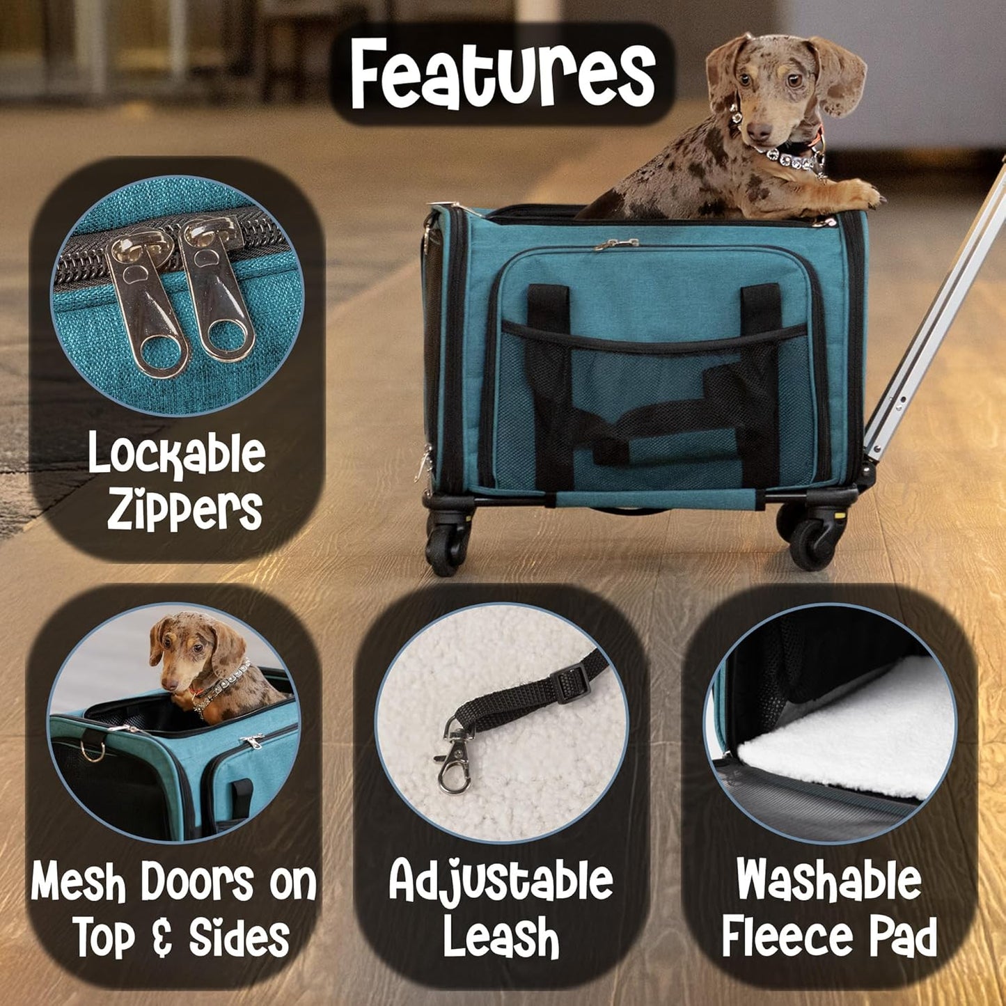 Pet Carrier with Wheels | Delta American Frontier Airline Approved | Two Expandable Sides, Storage Pockets Adjustable Leash | Rolling Dog and Cat Carrier TSA Compliant (Blue 17x12.5x11)