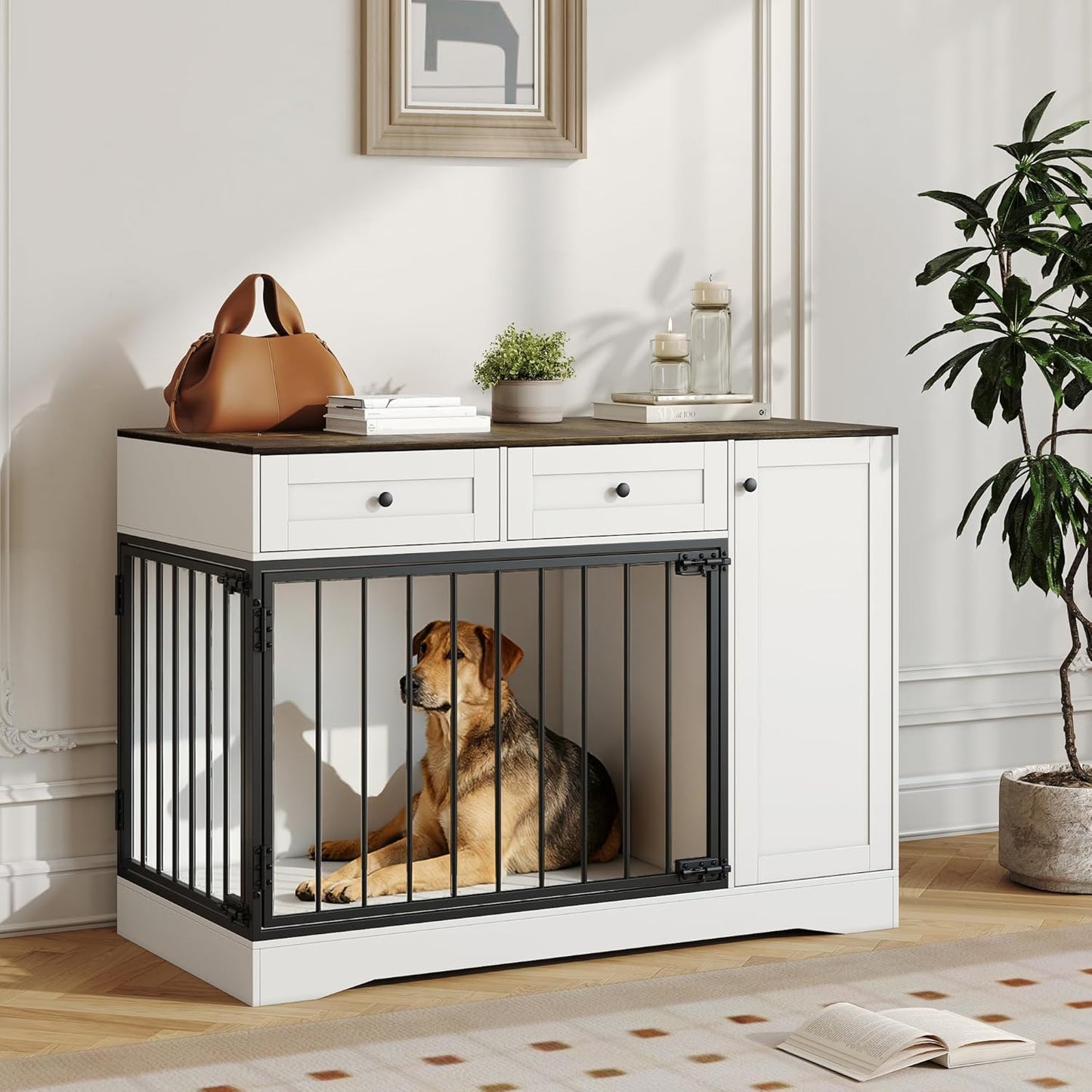Farmhouse Dog Crate Furniture 47" – Modern Indoor Kennel with Double Doors, TV Stand & Buffet Cabinet, Dog Cage Side Table with 2 Drawers & Storage for Small & Medium Dogs