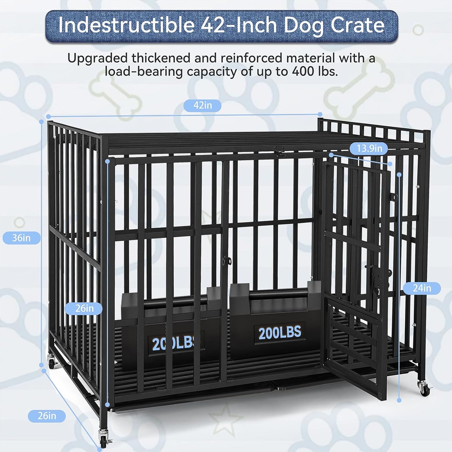 42Inch Heavy Duty Dog Crate, Indestructible & Escape-Proof Steel Kennel for Large High-Anxiety Dogs, with 3 Door, 4 Lockable Wheels, Reinforced Baseplate & 2 Removable Tray (42)