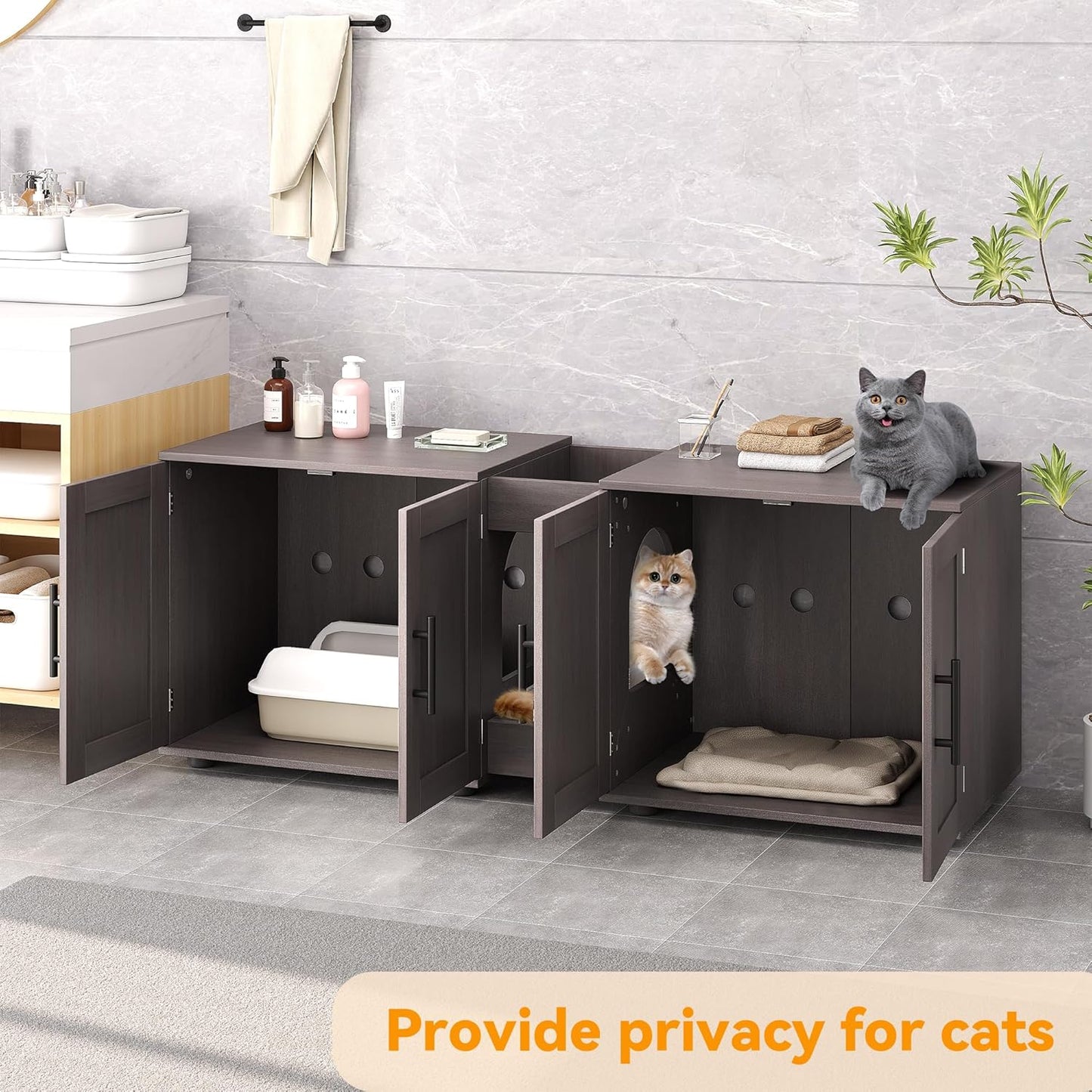 Garvee Cat Litter Box Enclosure for 2 Cats, 55" Hiddden Litter Box Enclosure Furniture 3-in-1 Wooden Litter Cabinet with Barn Door & Double Rooms for Bedroom Living Room,Walnut