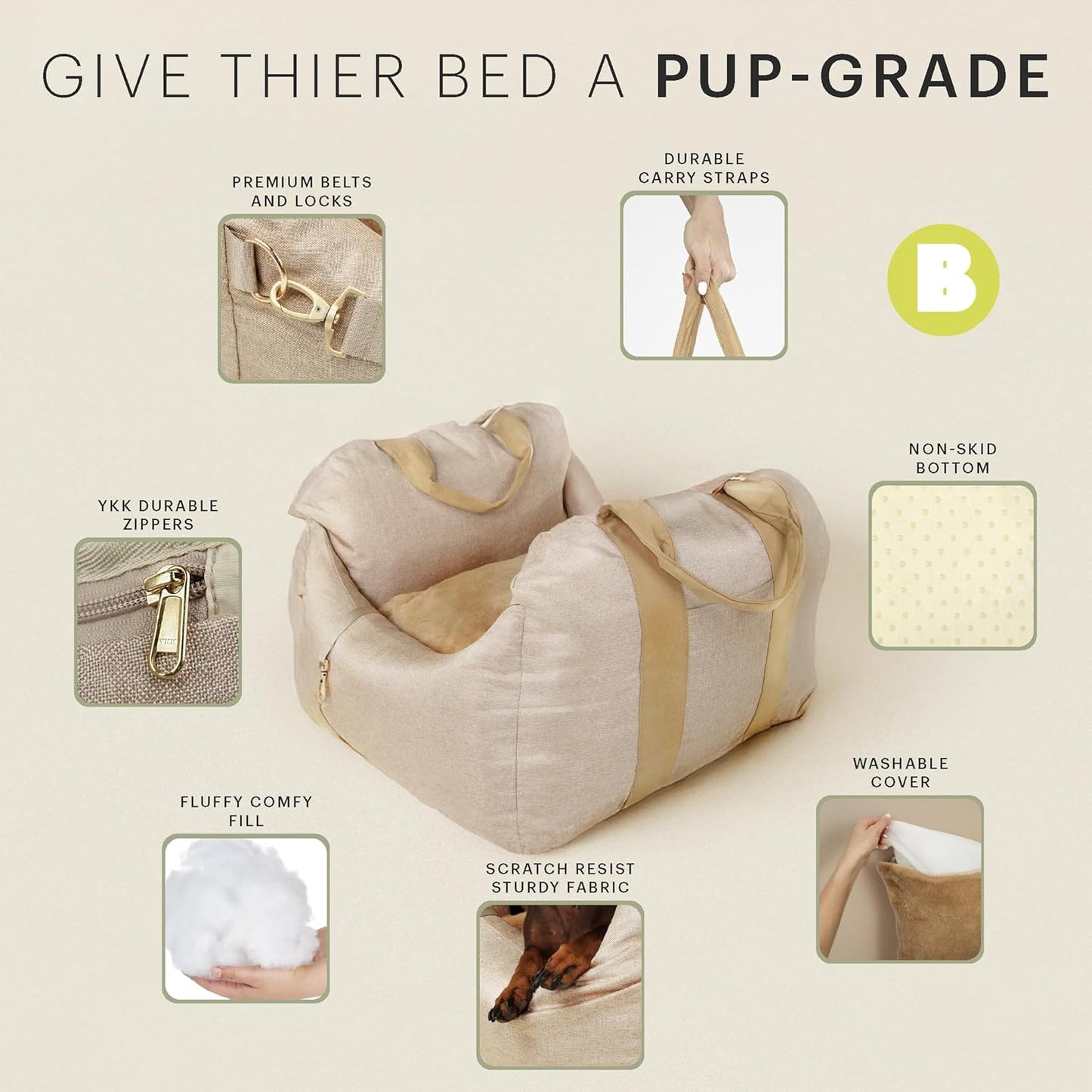 Bonnie Beds Dog Car Seat for Small Dogs – Comfortable & Secure Travel Dog Bed with Safety Leash – Adjustable Booster Seat for Yorkie, Pomeranian & More (Beige)