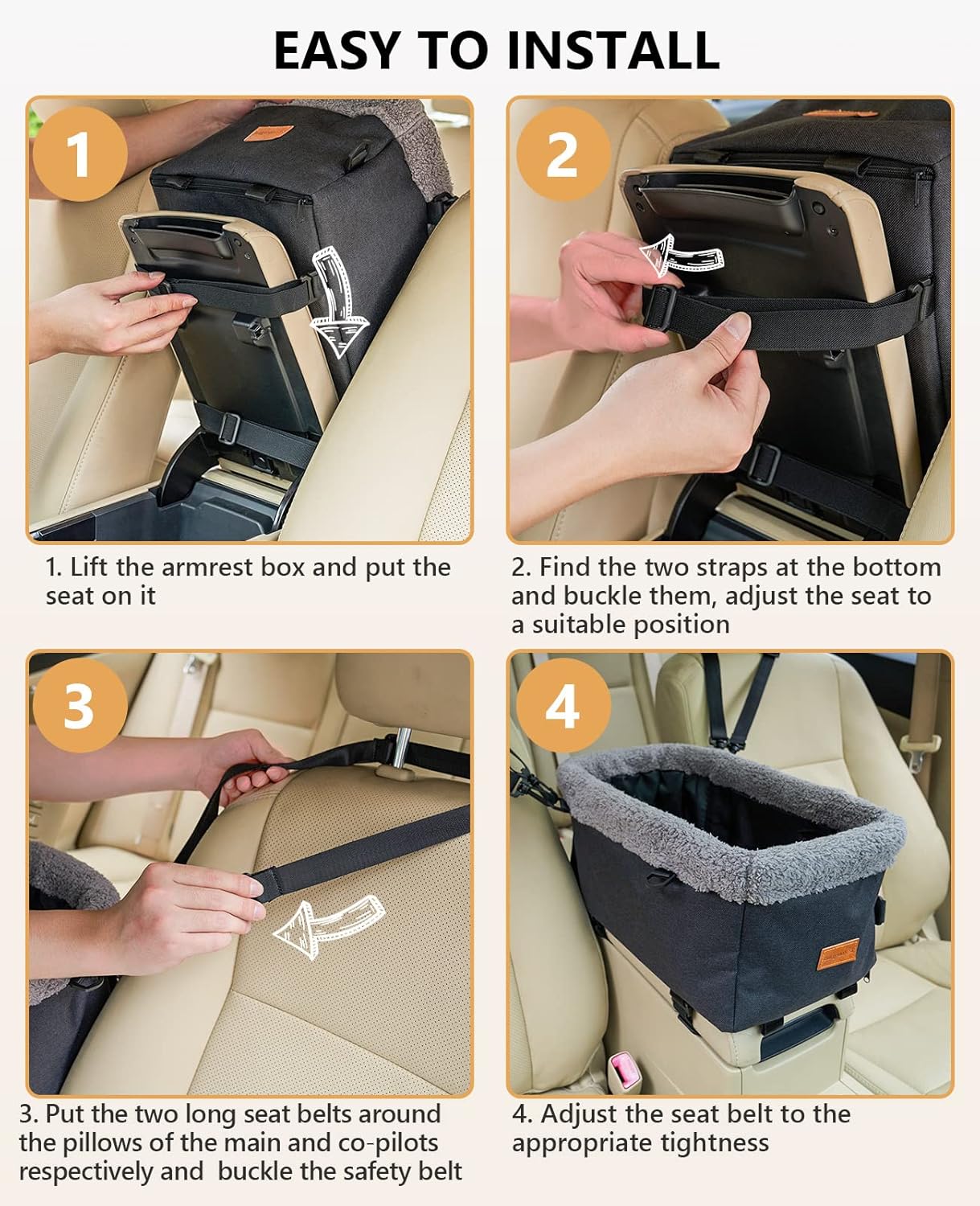 BurgeonNest Dog Car Seat for Small Dog, Center Console Pet Booster Seat with Metal Frame, Upgraded Puppy Carseat with Double Protection Seat Belts, Washable Cushion, Safety Leash and Storage Pocket