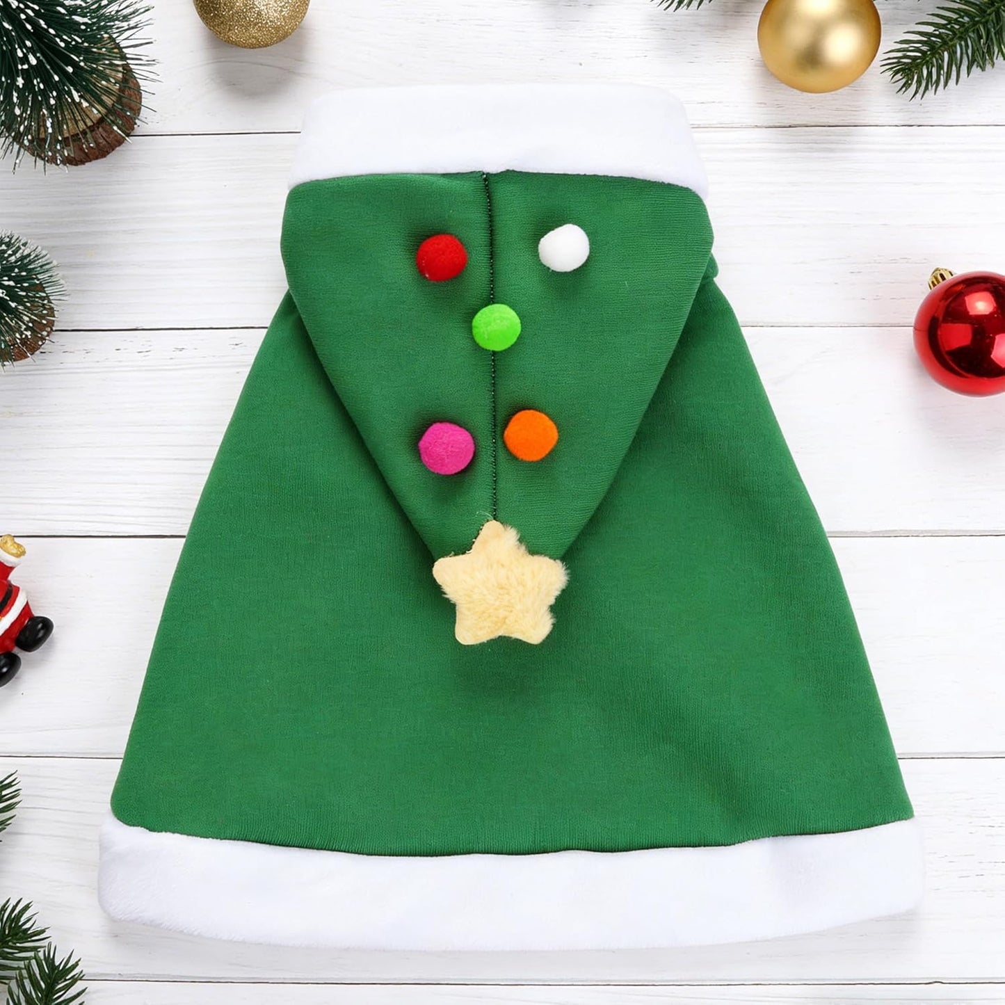 1Pc Cat Christmas Cape with Star and Pompoms Hat Festive Pets Christmas Costume Green Soft Cloak for Small Breed Dogs Holiday Party Outfit Pet Attire M Size
