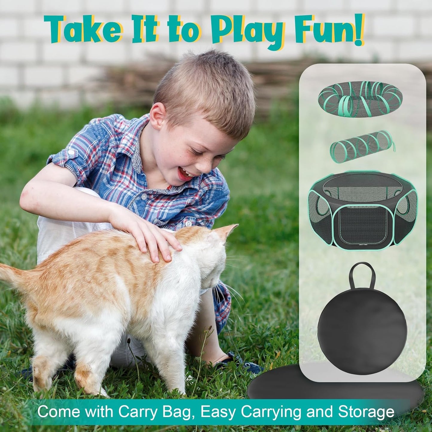 Outdoor Cat Enclosure with Tunnel - Portable Catio Outdoor Cat Tent for Camping Travel Trip - Outside Cat Playpen for Small Animals and Kittens