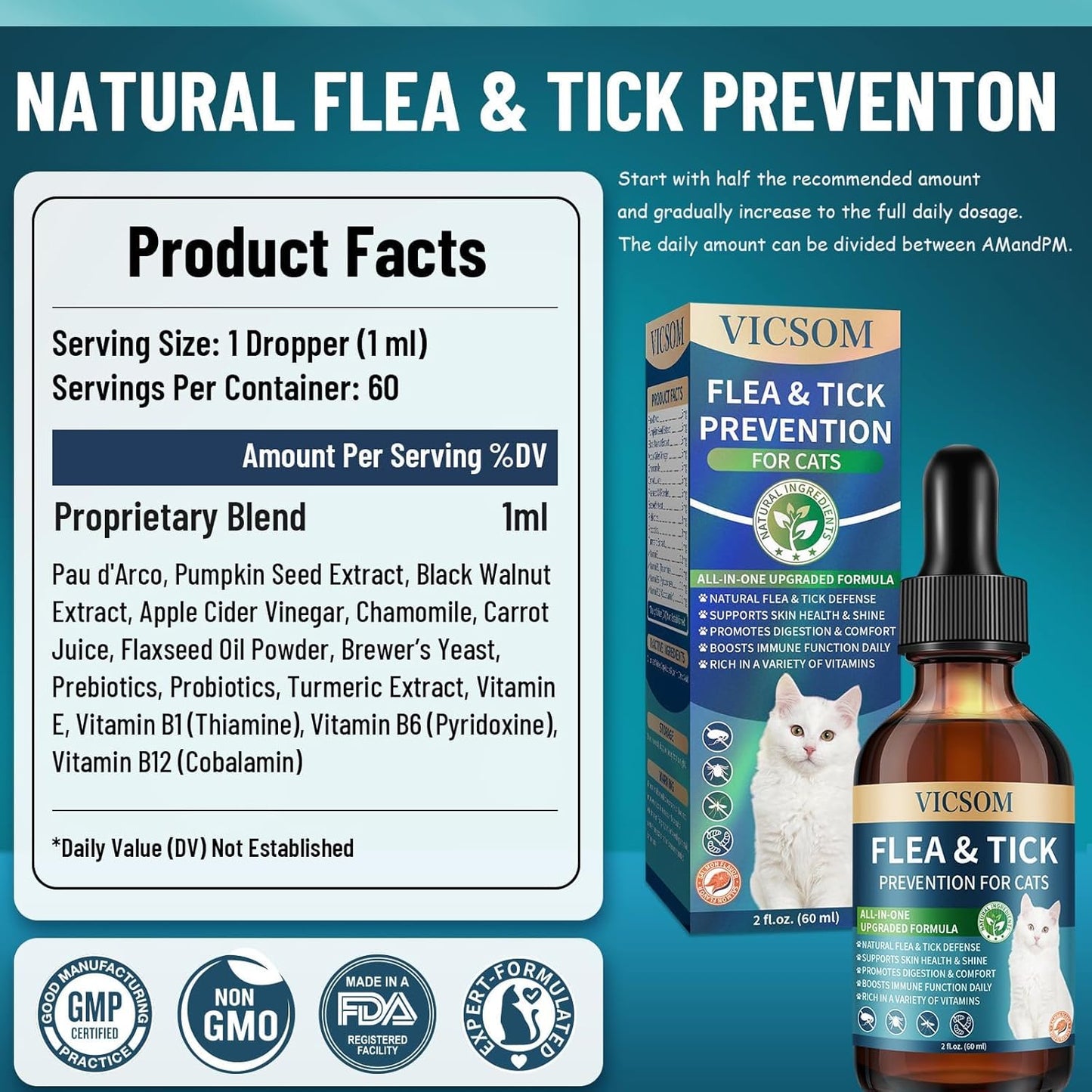 Natural Flea and Tick Prevention for Cats, Herbal Cat Flea and Tick Treatment Support Drops Flea Support with Prebiotics Probiotics for Cats Kitten - Ideal for Sensitive Cat - Salmon Flavor