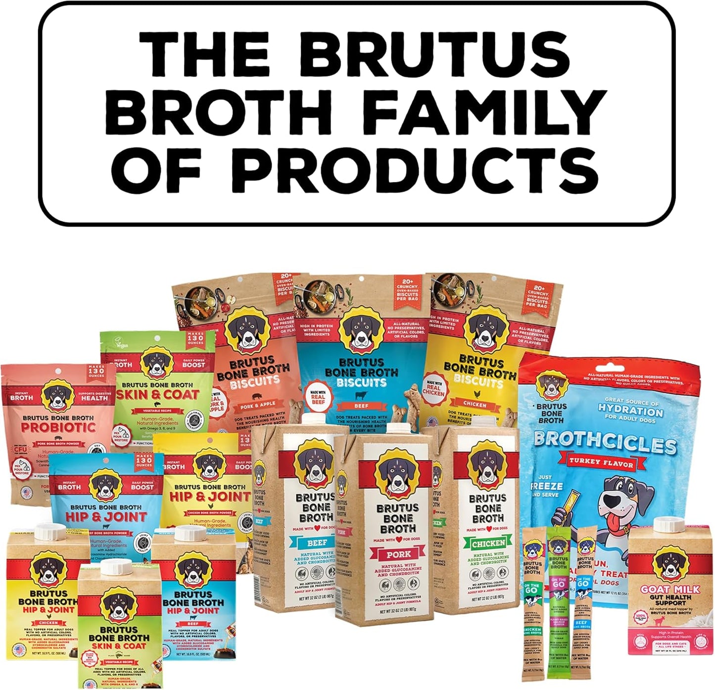 Brutus Bone Broth Bundle Pack - Chicken Biscuits Dog Treats, Pack of 2 (8oz) and Bone Broth Powder, Pack of 5 (6g) - All Natural with Glucosamine, Chondroitin & Turmeric