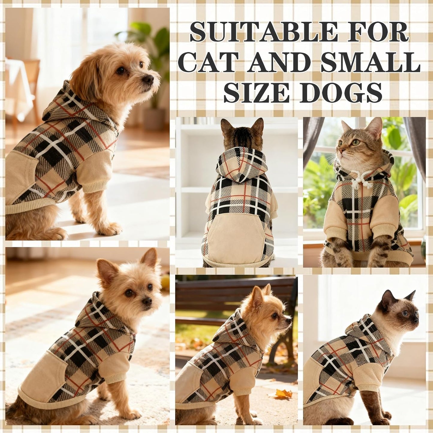 EXPAWLORER Plaid Cat Hoodie - British Style Warm Cat Sweater Shirt with Leash Hole,Pet Clothes Outfits,Winter Coat Apparel for Puppy Cats Girl Boy-Kitten Apparel,Beige S