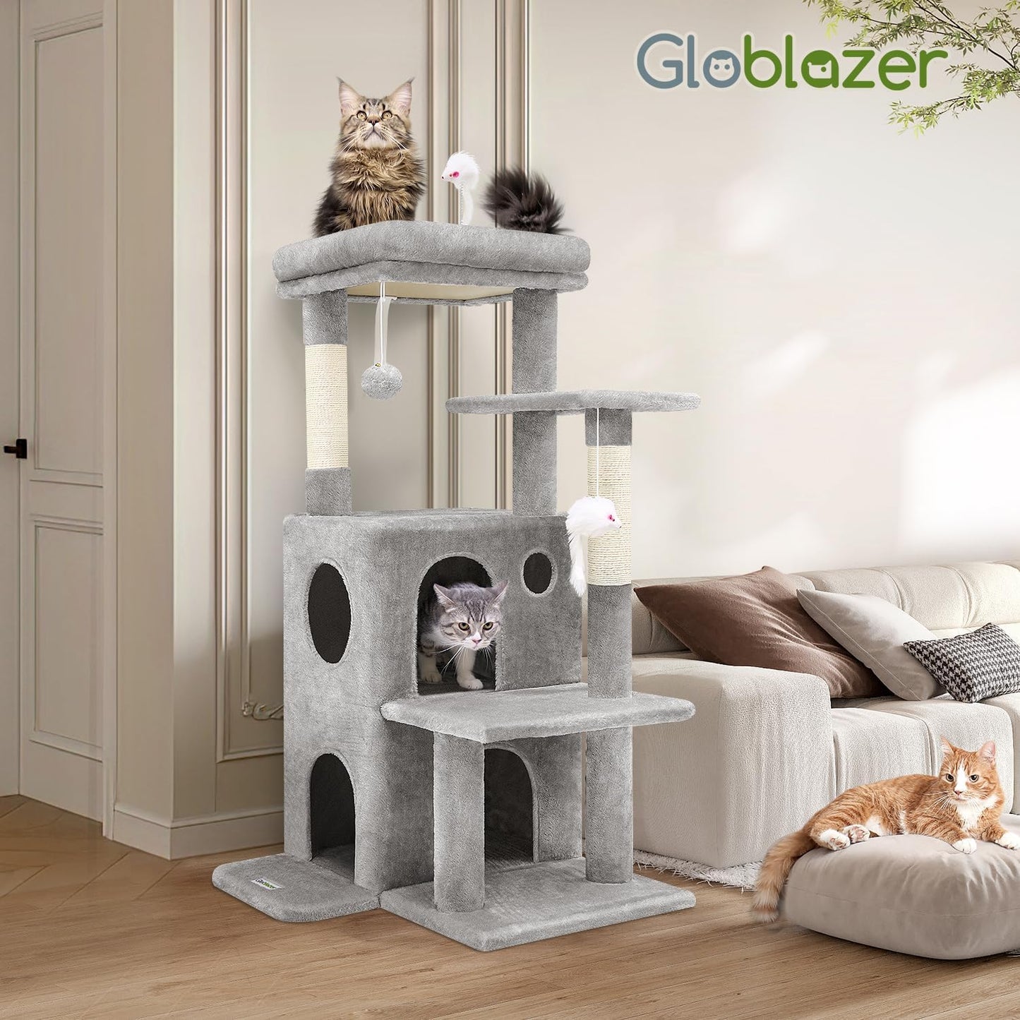 Globlazer Cat Tree Tower for Indoor Cats, 50-inch Adult Cat Tree House for Large Adult Cats with Steps, Scratching Post, 2 Cat Caves, Dangling Toys, FC50, Light Grey