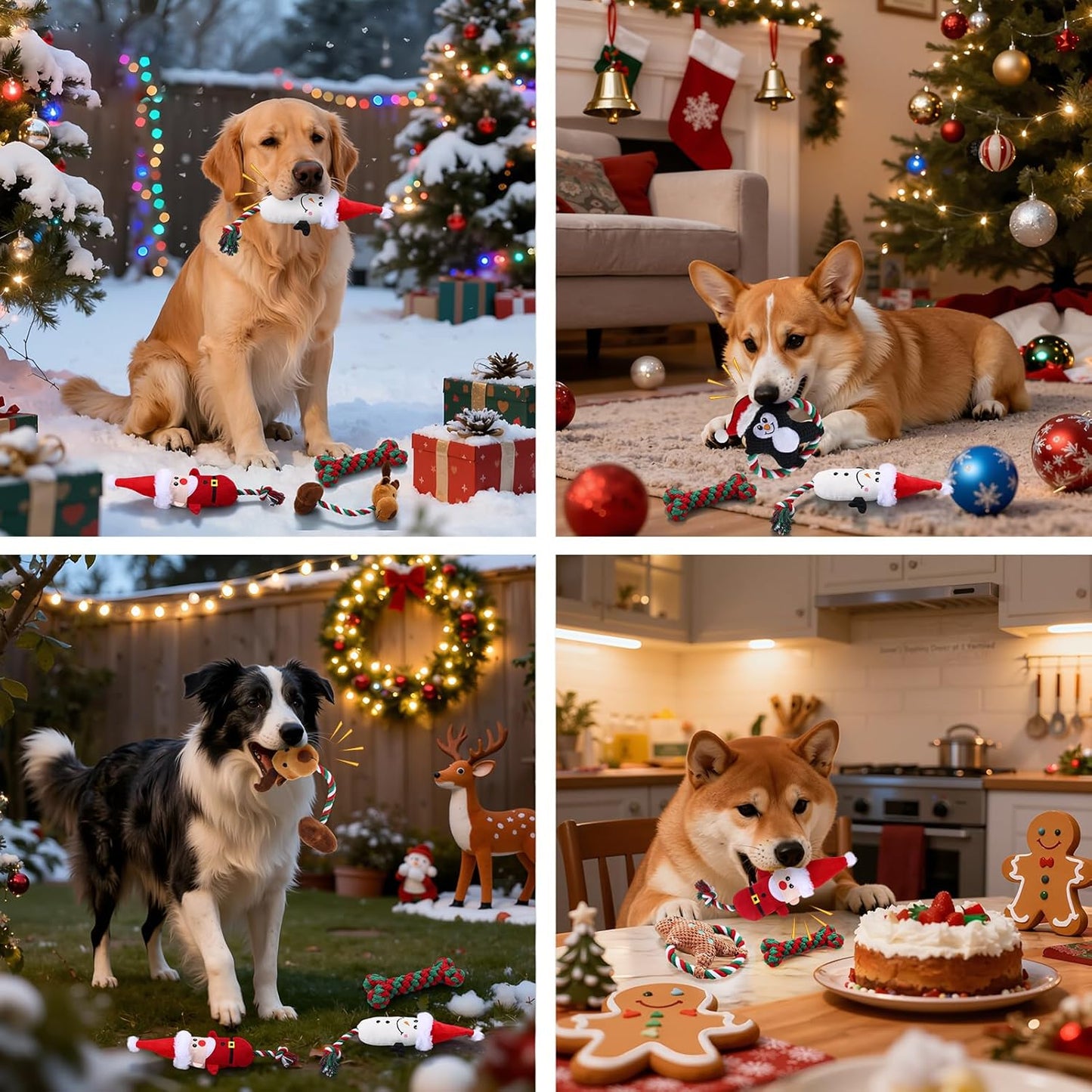 7 Pcs Christmas Dog Toys Christmas Squeaky Interactive Dog Toys with Crinkle, Plush Pet Chewing for S/M/L Dogs to Keep Busy Santa, Penguin, Snowman, Deer, Gingerbread Man, Stocking, Bone