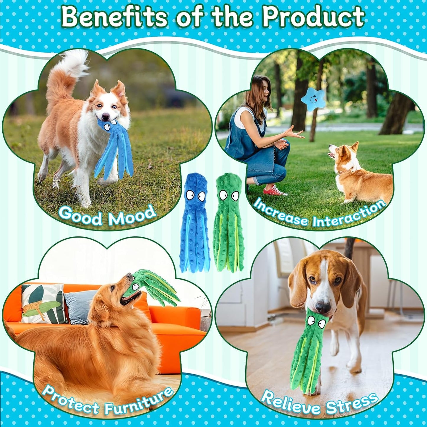 3 Pack Squeaky Dog Toys Octopus No Stuffing Crinkle Plush Dog Toy Interactive Puppy Teething Chewing Pet Supplies for Chewer, Small, Medium (Blue, Green)