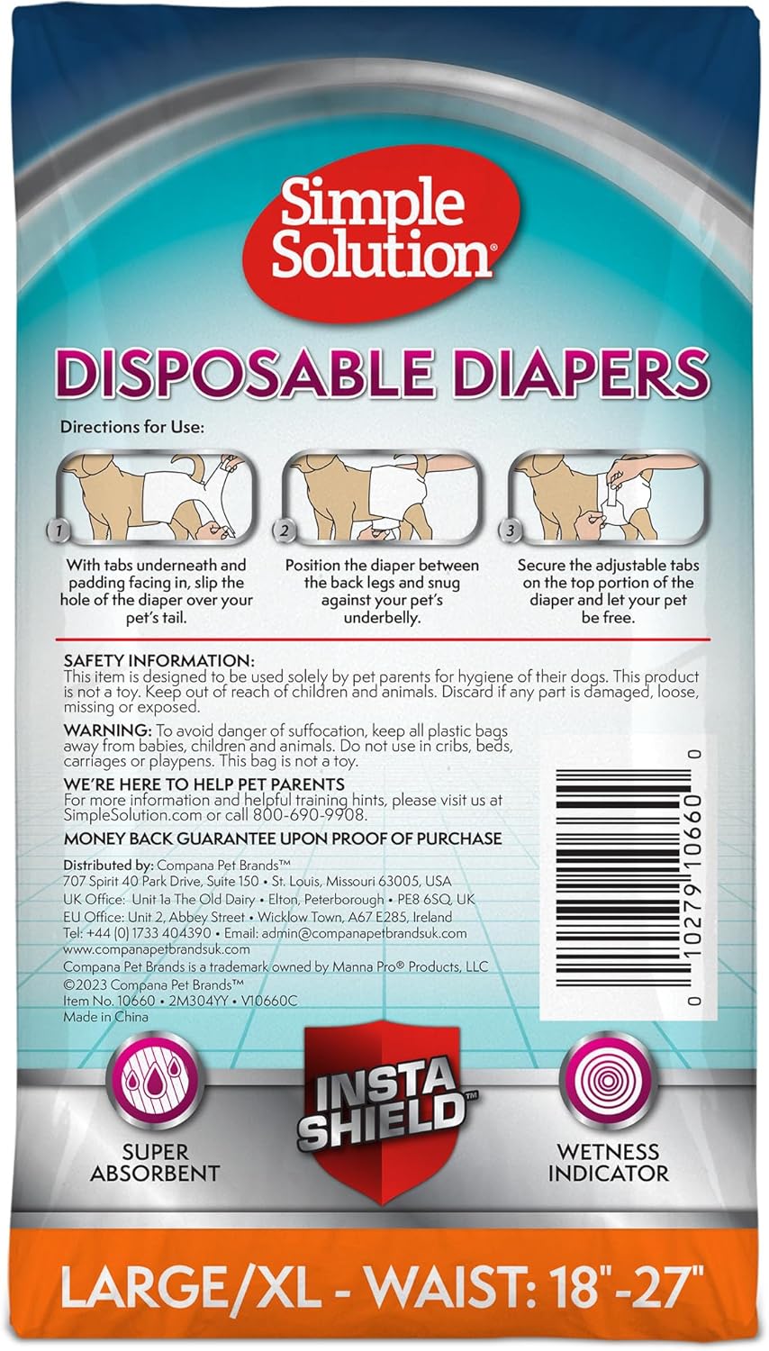 Simple Solution Disposable Dog Diapers, Female Dog Diapers, Puppy Potty Training, Incontinence and Heat Cycle Protection, Large Diapers for Dogs, 18-27 Inch Waist, 30 Count