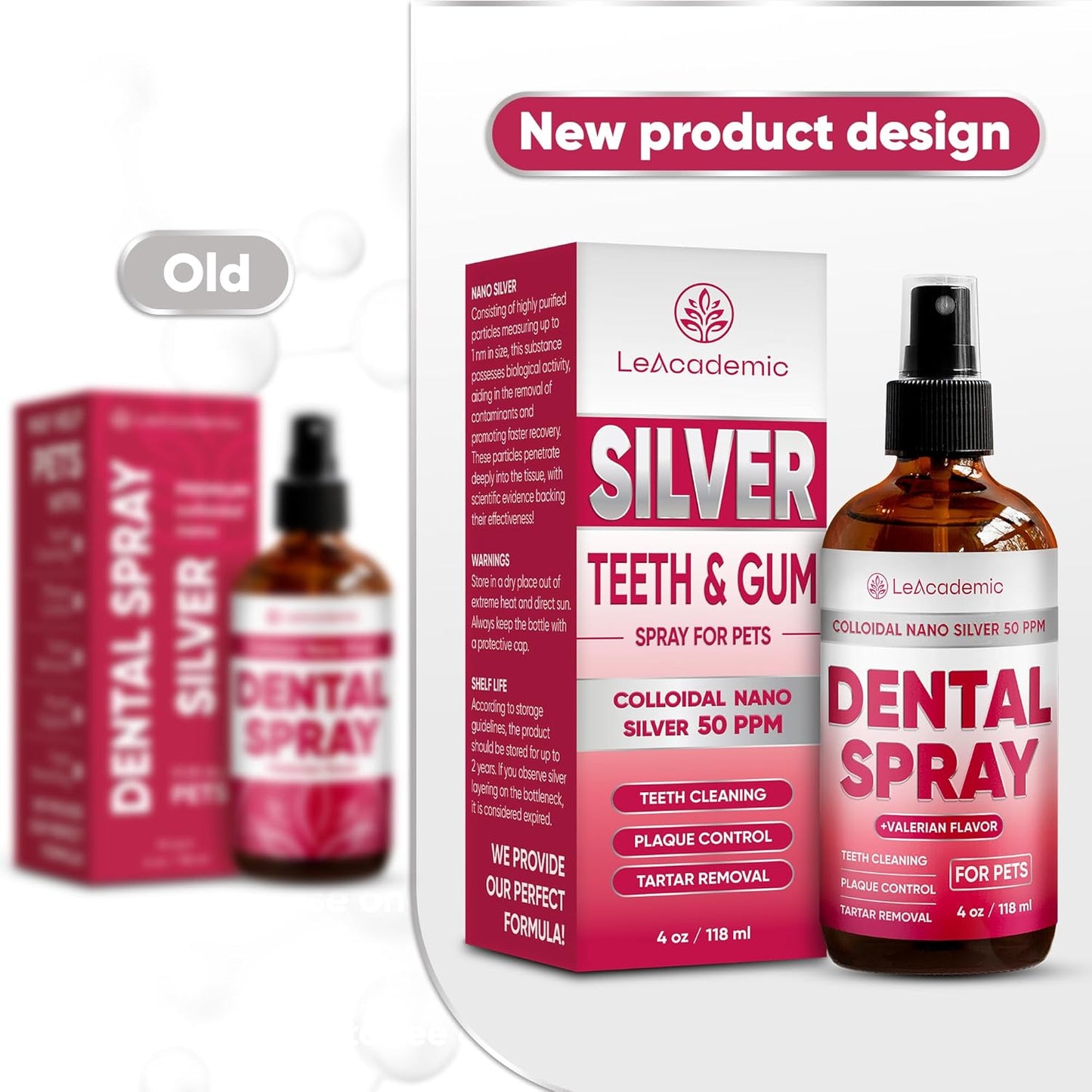 Dental Spray for Pets – Cat & Dog Breath Freshener That Helps with Tartar, Plaque, & Bad Odor – Silver 50 PPM + Valerian Flavour for Dog Teeth Cleaning – 4 Oz