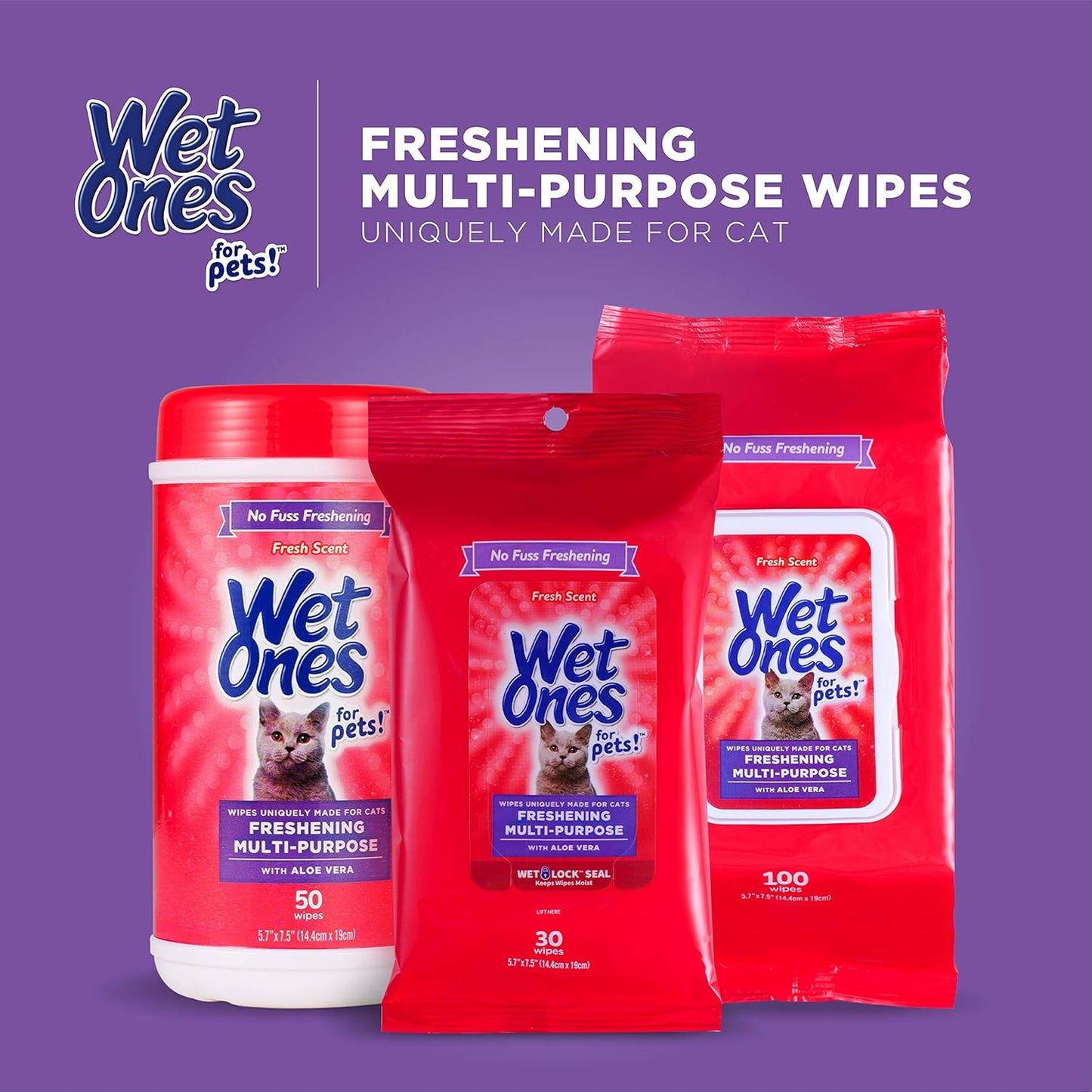 Wet Ones for Pets Freshening Multipurpose Wipes for Cats with Aloe Vera, Fresh Scent - Easy to Use Cat Cleaning Wipes for Pet Grooming in Canister, 50 Count