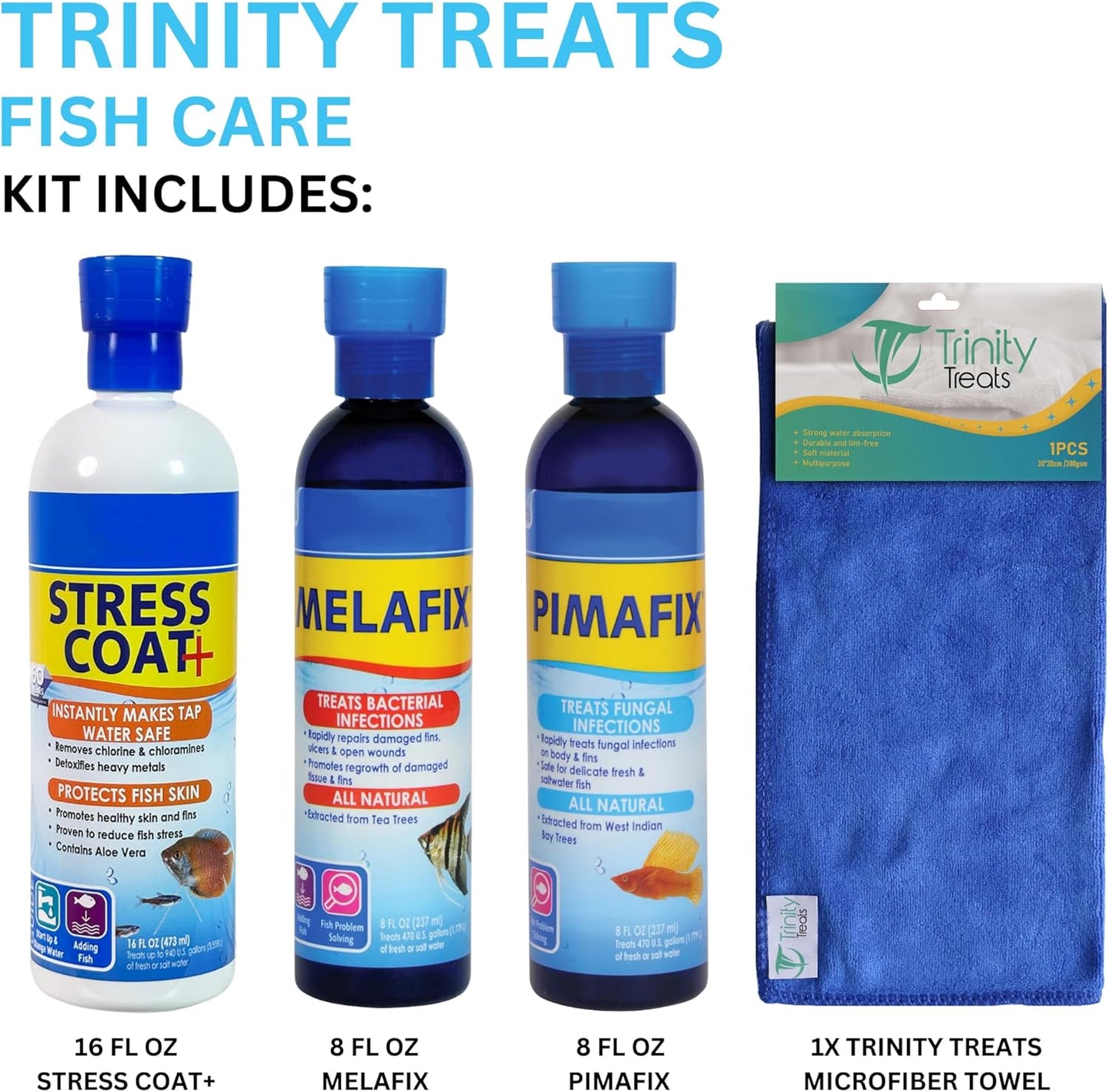 Aquarium Care Kit with MeIafix 8 oz, PlMAFlX 8 oz, Stress Coat 16 oz, and Trinity Treats Microfiber Cleaning Cloth for Freshwater Fish Tank Maintenance