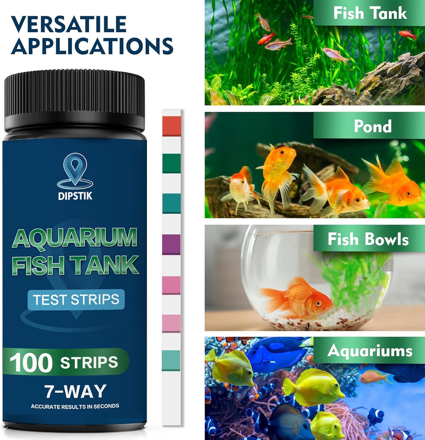 Aquarium Test Strips, 7-Way Freshwater Saltwater Fish Tank Pond Test Kit, 100 Strips, Nitrate, Nitrite, Chlorine, Hardness, Alkalinity, Carbonate, pH