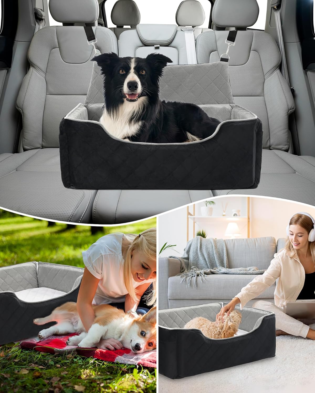 Dog Car Seat for Large Medium Dogs Under 55 lbs, Dog Booster Seat for 2 Small Dogs, Detachable Washable Pet Travel Bed with Thick Memory Foam Cushion, Safety Belt and Storage Pockets | Black