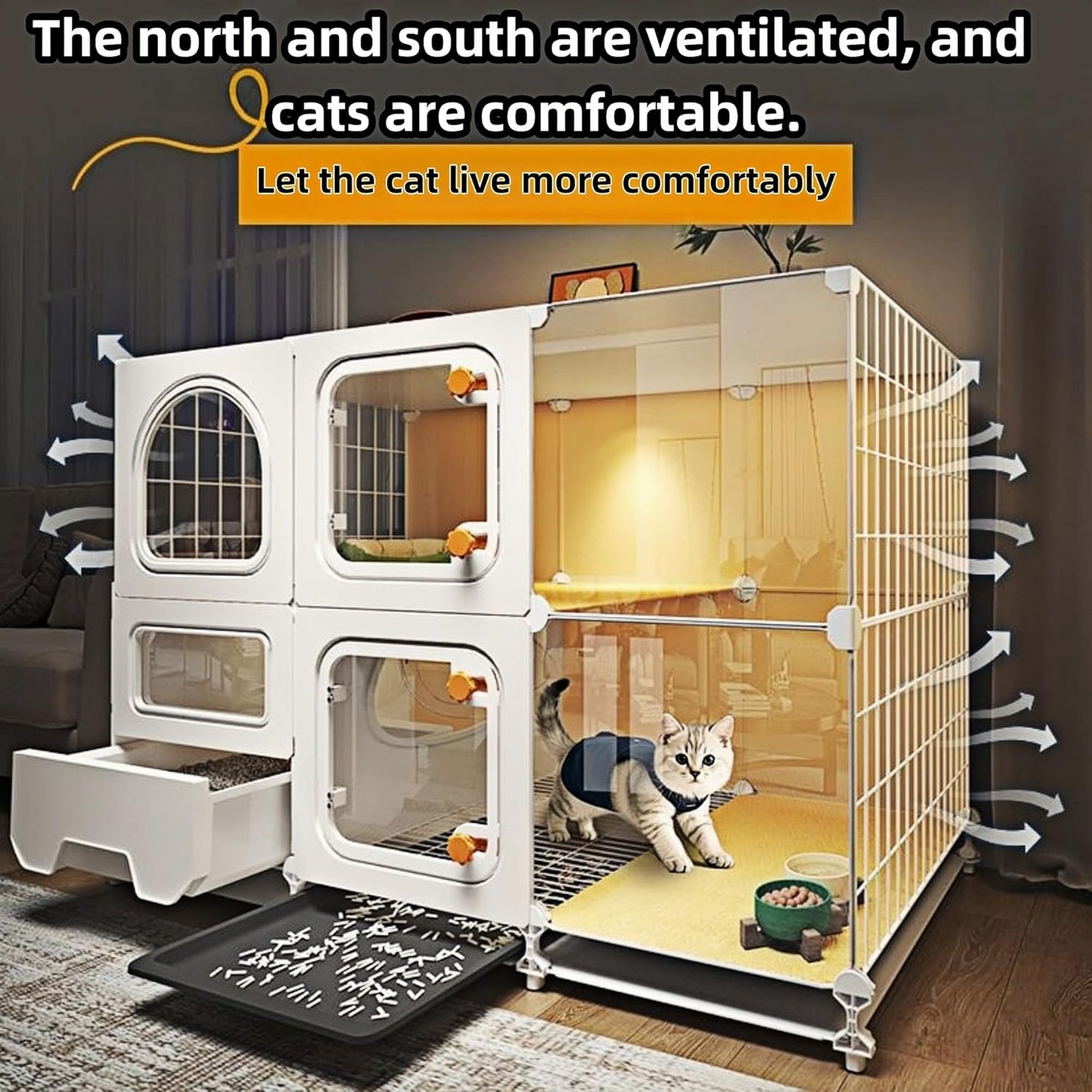 cat cage Indoor with Litter Box, Complimentary Cat Bed, Bowl,Cleaning Three Piece Set,Large cat Enclosure, Cat House with Wheels Outdoor,Small Animal cat Kennel (41.8″(L) x18.1″(W) x46.1″(H))