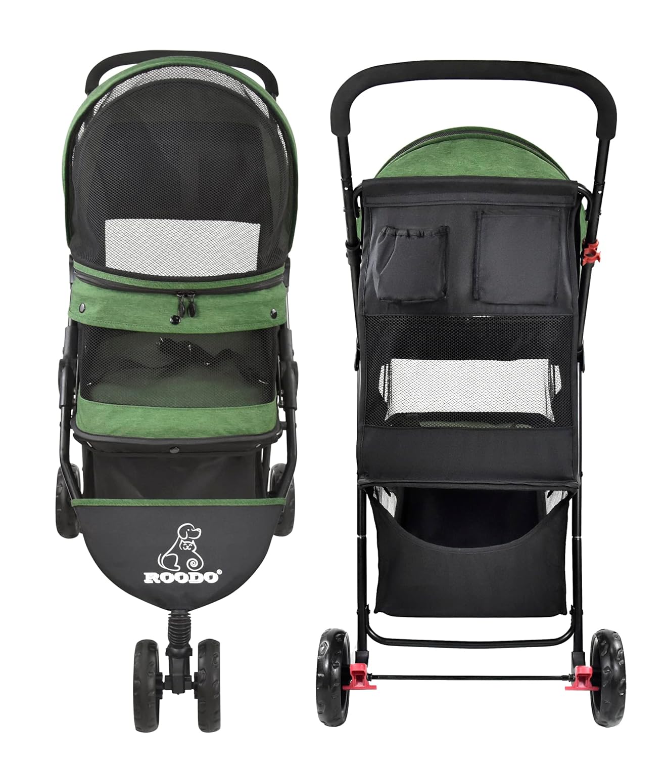 ROODO 3 Wheel Pet Stroller Best Lightweight Foldable Compact Portable Jogger All Terrain Travel Pet Gear Puppy Kitty Stroller for up to 30lbs Medium Small Dogs and Cats(Green)