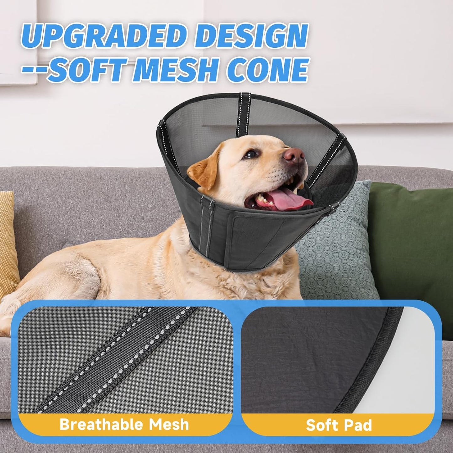 Dog Cone Collar to Stop Licking: Soft Mesh Recovery Collar After Surgery with Detachable Pad, Elizabeth Cone Alternative for Large Medium, Small Dogs, Normal Eating and Drinking (XL, Black Mesh)
