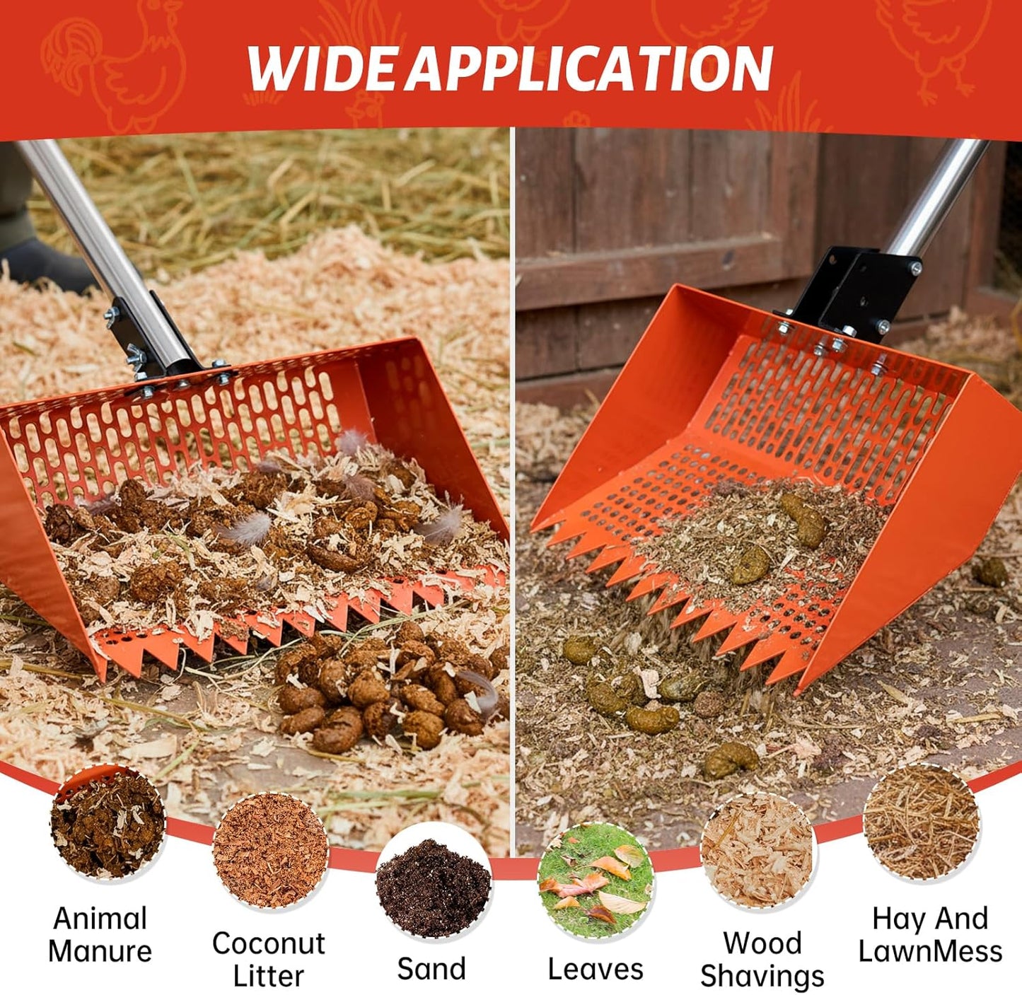 Chicken Poop Scooper for Sand, 12'' Wide 2-in-1 Chicken Coop Scooper and Rake, 36'' to 77'' Adjustable Effort-saving Handle Chicken Coop Pooper Scooper Sifting Shovel, Chicken Coop Cleaning Tools