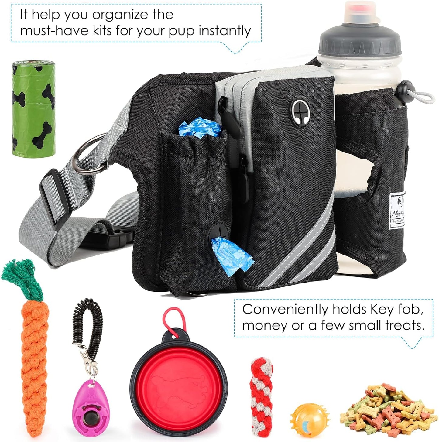 SHINE HAI Retractable Hands Free Dog Leash with Dual Bungees for 2 Dogs, Adjustable Waist Belt Fanny Pack, Reflective Stitching Leash for Running Walking Hiking Jogging Biking Black