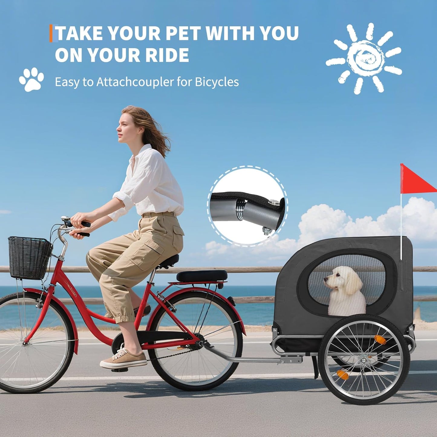 88Lbs Dog Bike Trailer, Pet Cart Bicycle Carrier with Oxford Fabric, Easy Folding Pet Bicycle Trailer with Quick-Release Wheels & Non-Slip Mat & Safety Flag, 16" Air Tires & Washable Non-Slip Lining