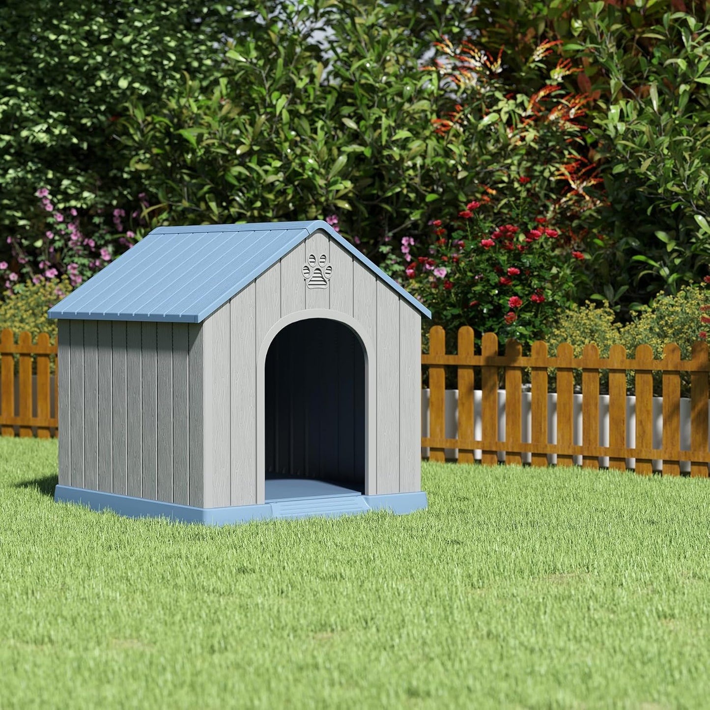 Fancyango Dog House Outdoor Indoor, Weatherproof Dog House with Elevated Floor and Air Vents for Medium to Large Dogs,Easy Clean and Assemble (Blue, 36.2''L×38''W×38''H)