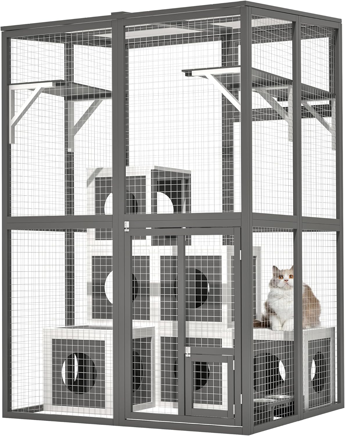 Outdoor Wooden Cat Catio,Large Walk-in Solid Wood Cats Enclosure with 2 Jumping Platforms & 7 Cozy Napping Houses,Weatherproof Flat Roof,Indoor/Outdoor Cat Playpen and Kennel Shelter,75.6" H Gray
