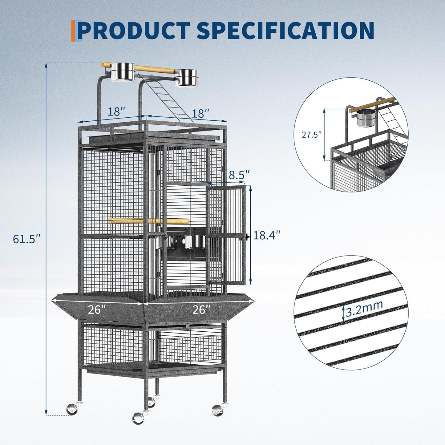 Spacious 61 Inch Metal Bird Cage with Play Top – Rolling Stand, Feed Bowls, Easy Clean, Secure Lock – Ideal for Parakeets, Conures, Cockatiels, Cockatoos, Exploding Silver