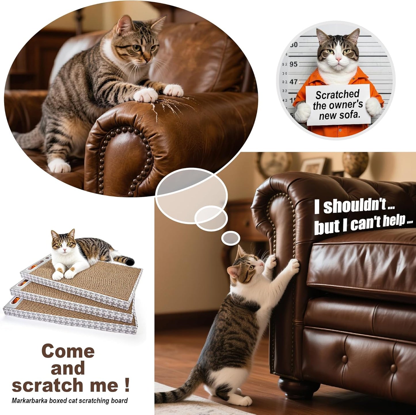 Cat Scratching Board 3 Pack – Reversible Cardboard Scratcher for Indoor Cats, Wide Boxed Scratch Pads with Bell Ball, Durable Corrugated scratchers as Furniture Protector