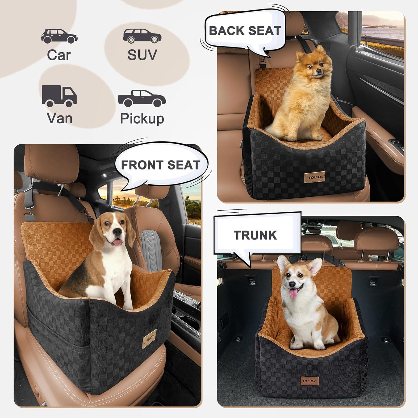JOEJOY Elevated Dog Car Seat for Small/Medium Dogs up to 35 lbs, Memory Foam Booster Seat with Detachable Washable Cover, Travel-Safe Car Bed with Safety Belts & Storage Pockets, Brown