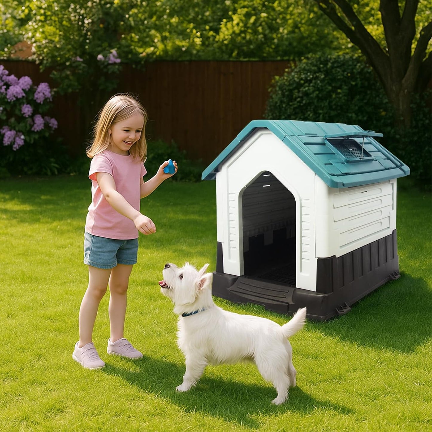 Dog House Indoor Outdoor Durable Waterproof Pet Plastic Dog House for Medium Large Dogs Insulated Puppy Shelter Kennel Crate with Air Vents and Elevated Floor (Blue, 33.1" Wx27.4 Dx30.1 H)