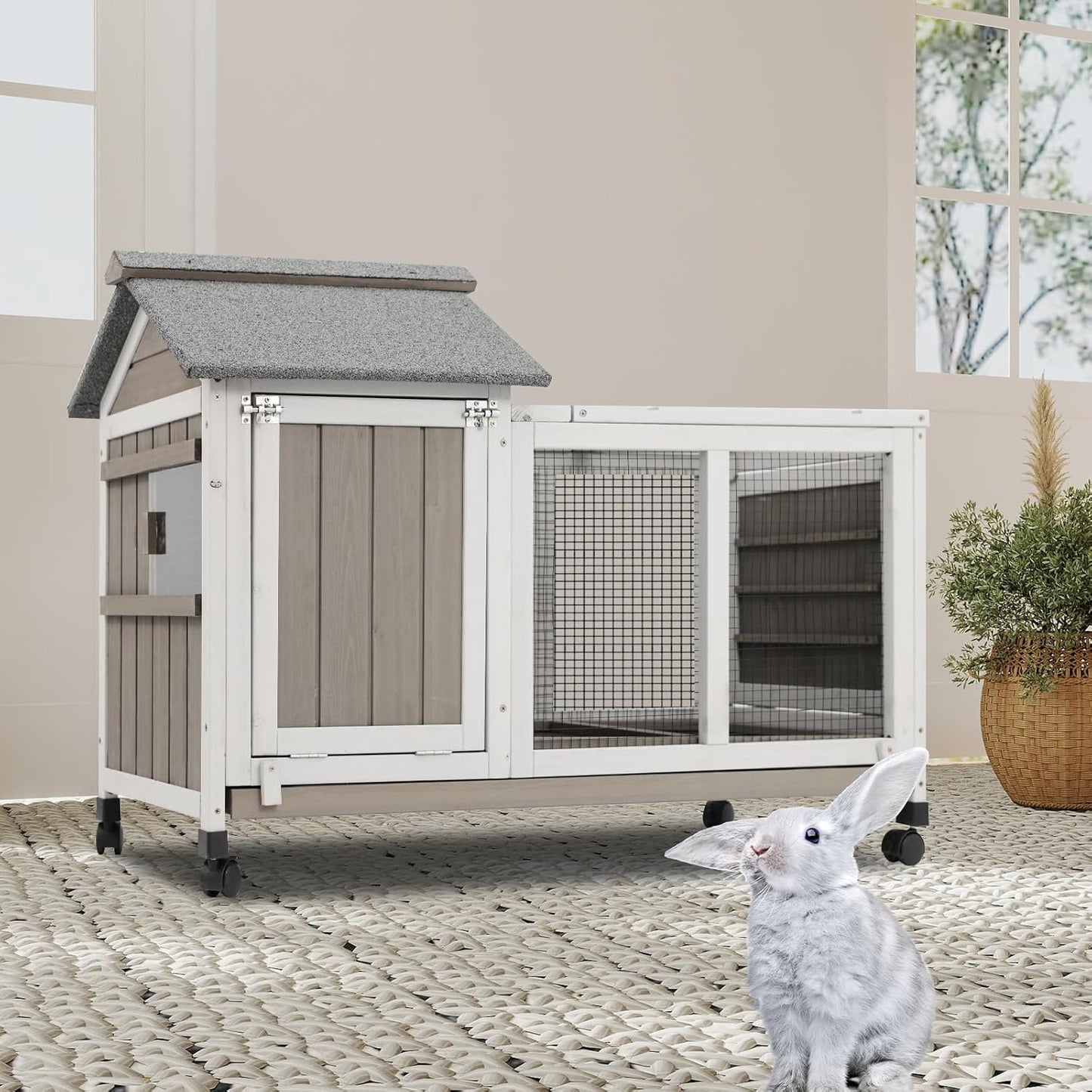 38.19"L Rabbit Hutch Indoor and Outdoor with 4 Wheels,Wooden Rabbit Cage with Pull Out Leak-Proof Tray for 1-2 Rabbits,Bunny Hutch with Asphalt Roof Suitable for Garden,Park,Living Room,Grey