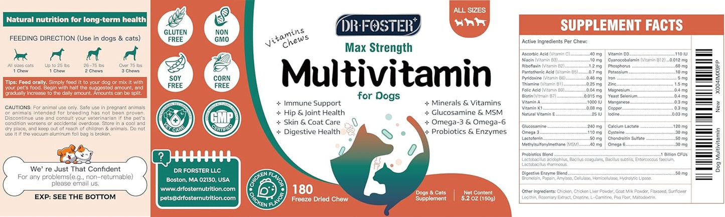 Dog Multivitamin, Dog Vitamins and Supplements, Multivitamin for Dogs with Glucosamine, Probiotics & Omega 3 for Joint, Digestive, Skin, Coat and Immune Health, Chicken Flavor - 180 Bites