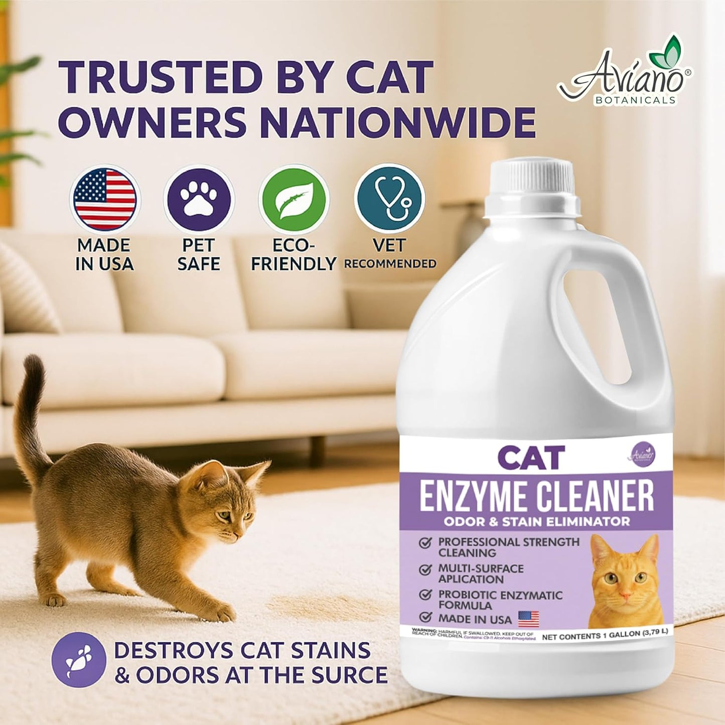 Aviano Cat Enzyme Cleaner – 1 Gallon – Made in USA – Odor Eliminator with Lemon Scent – Pet & Carpet Enzyme Cleaner for Cat Pee, Litter Boxes & Furniture
