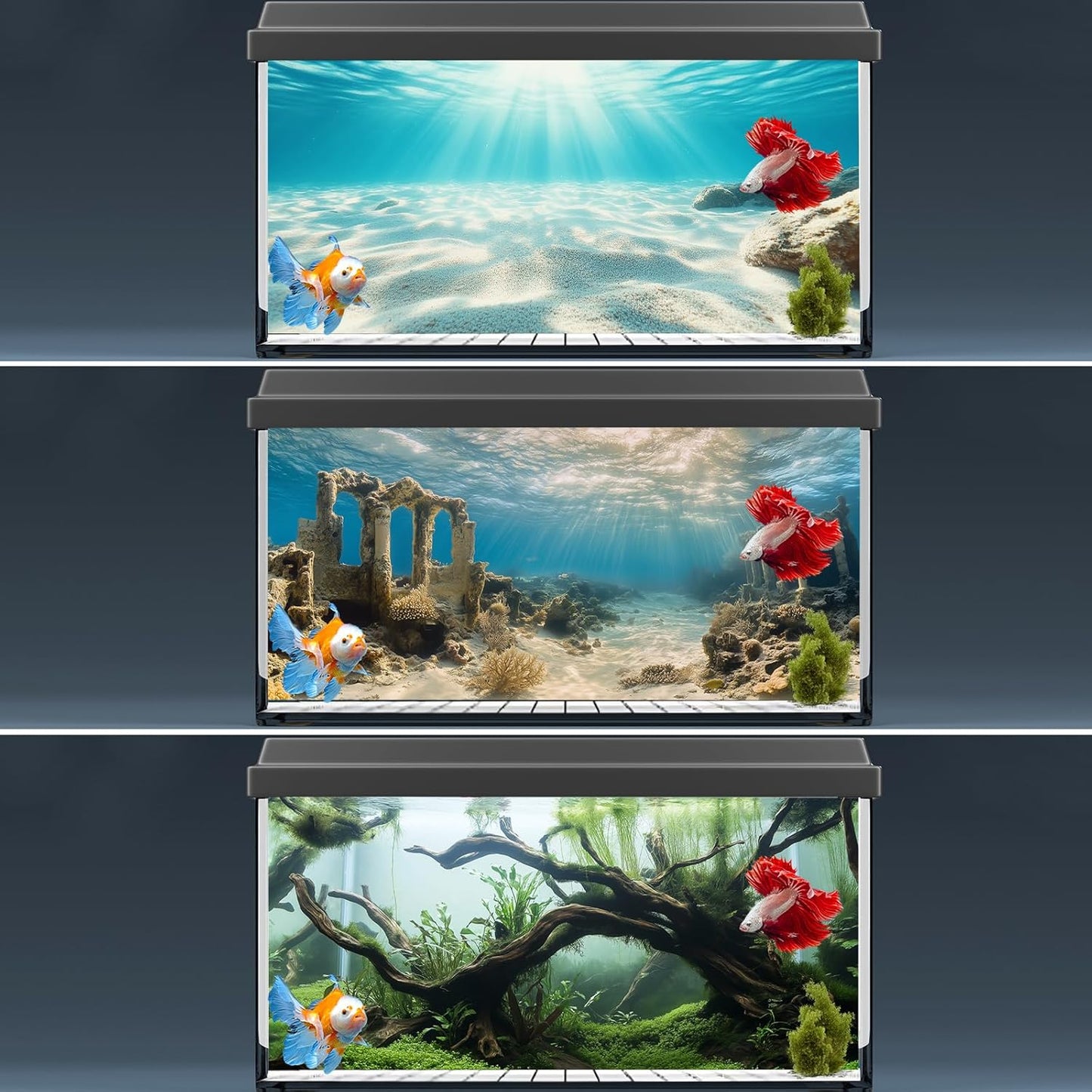 COMSUN 3 Pack Aquarium Background, 36x18 inches Polyester Aquarium Background, Cloth Fish Tank Background, Undersea Ruins Floor Sunshines & Tree Wood Branches Aquatic Plants