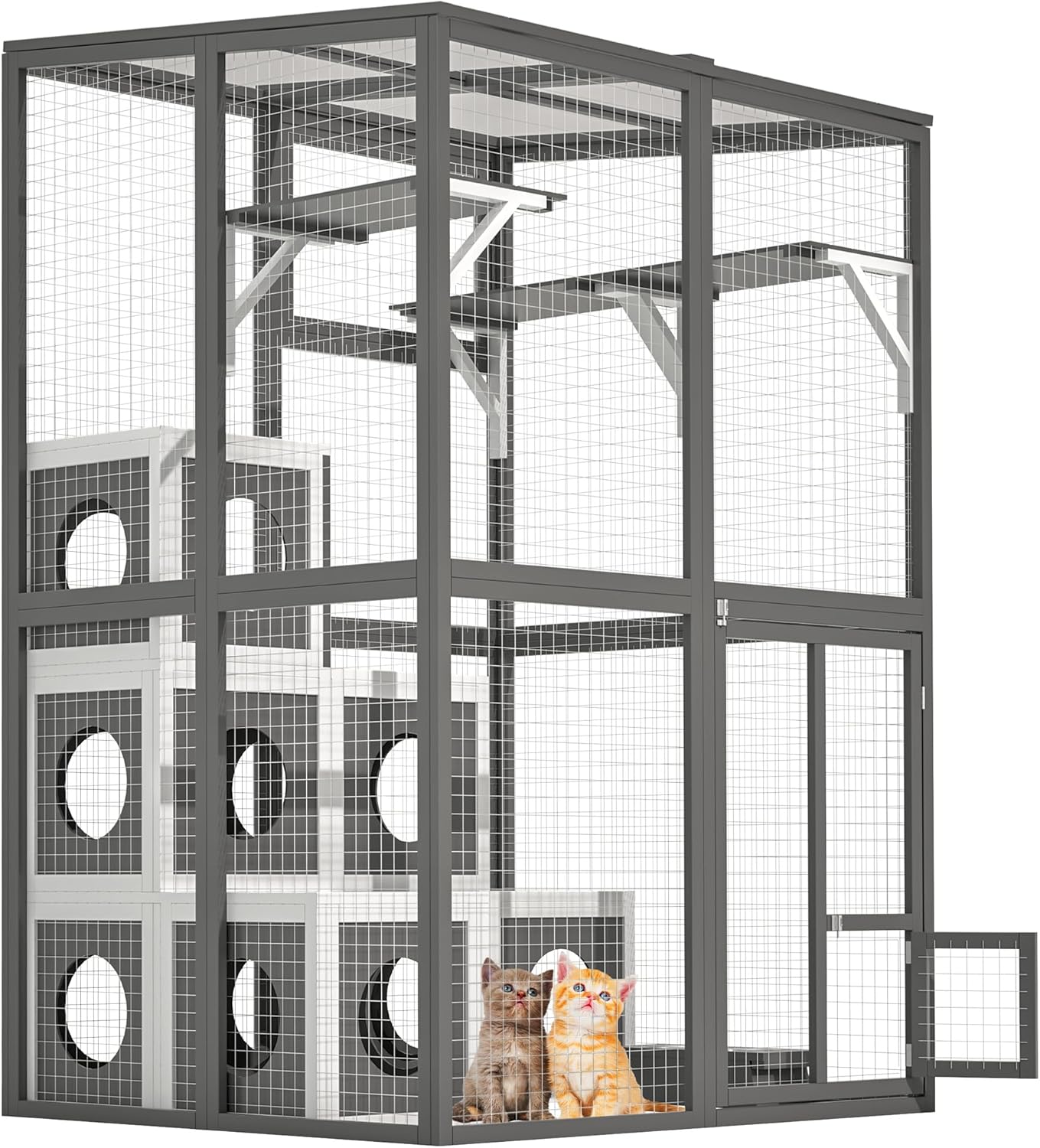 Catio Outdoor Cat Enclosure, Large Cat House for Mulitiple Cats Walk in Cage with Waterproof Roof, Wooden Shelter with 2 Jumping Platforms & 7 Napping Houses,75" H, Grey