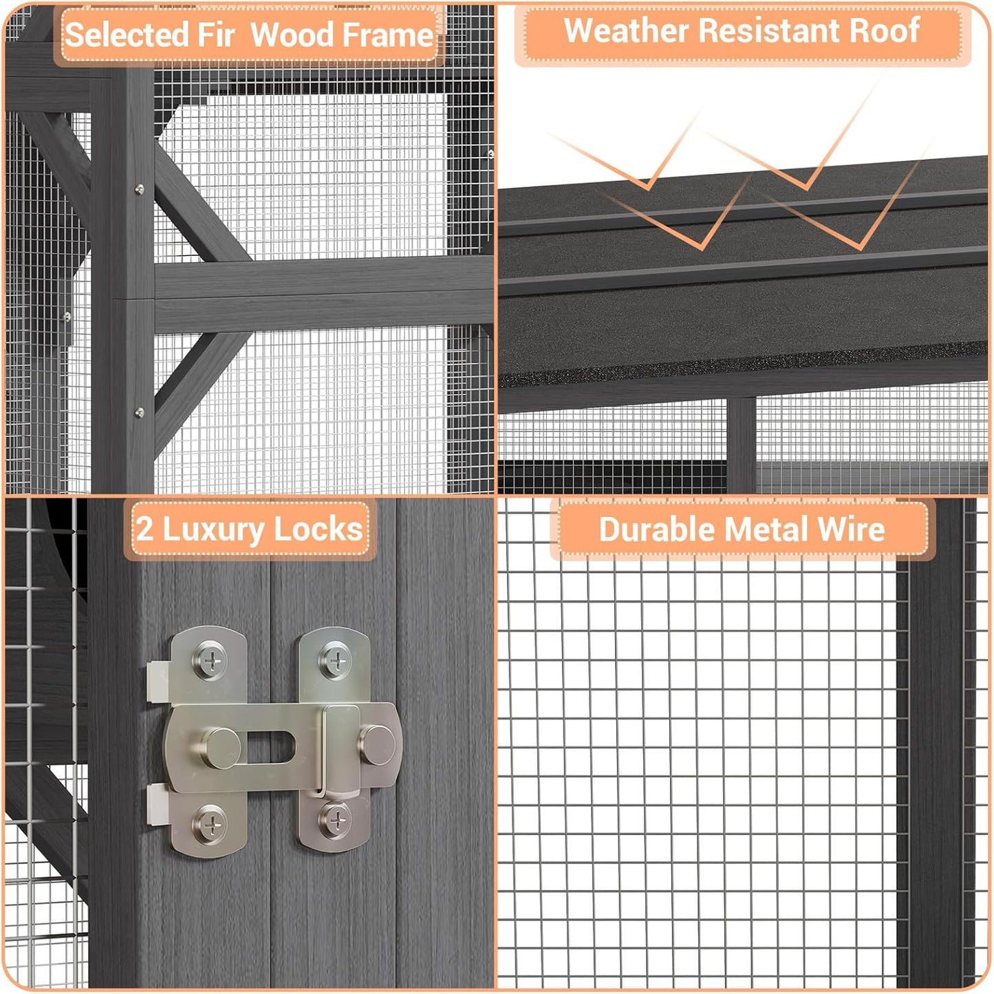 70'' Outdoor Cat Enclosure, Large Walk-in Catio Outdoor Cat Enclosure with Window, 4 Jumping Platforms & 2 Resting Box, Wooden Cat House Indoor with Scratching Post & Hammock, UV Resistant
