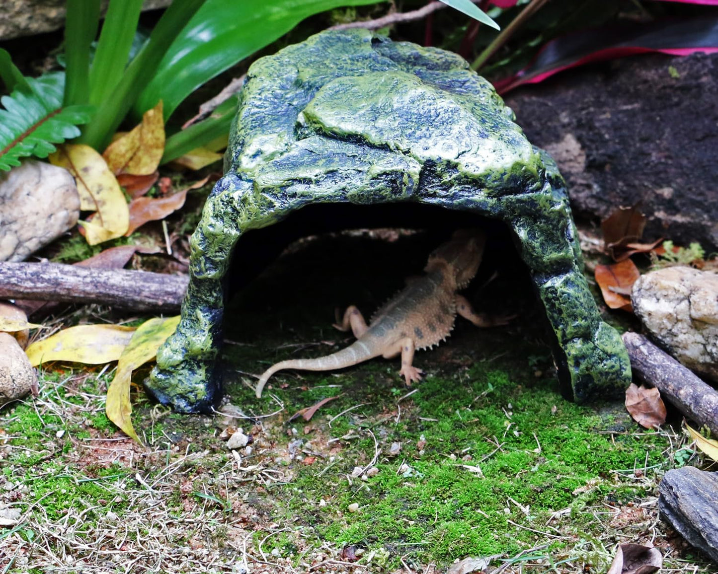 Rock Hide Cave for Reptiles, Amphibians Rock Den - Terrarium & Aquarium Decor, Great for Bearded Dragons,Lizards,Snakes,Turtles,Geckos,Frogs,Small Animals - Large Size