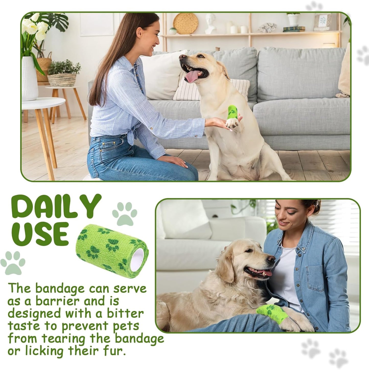 3 Rolls No Chew Bandage for Dogs Bitter Bandage Wrap for Dogs Wound Wrap (3 Inches X 5 yd,Green)