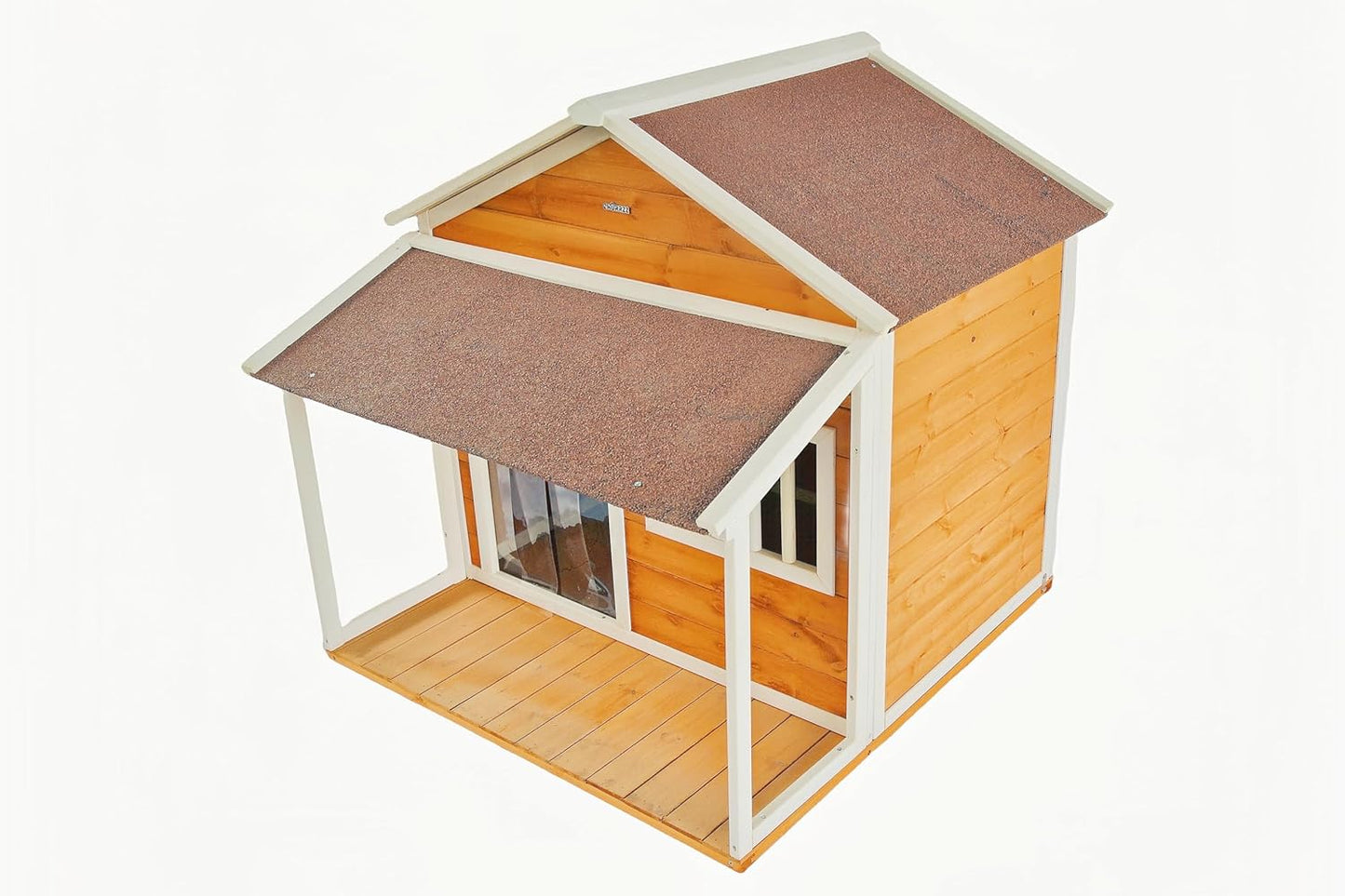 Indoor-Outdoor Wooden Dog House, Porch, Asphalt Roof, Plastic Door Curtain, Ventilation Windows, Brown, Weatherproof, Small to Medium Dog, Puppy Kennel