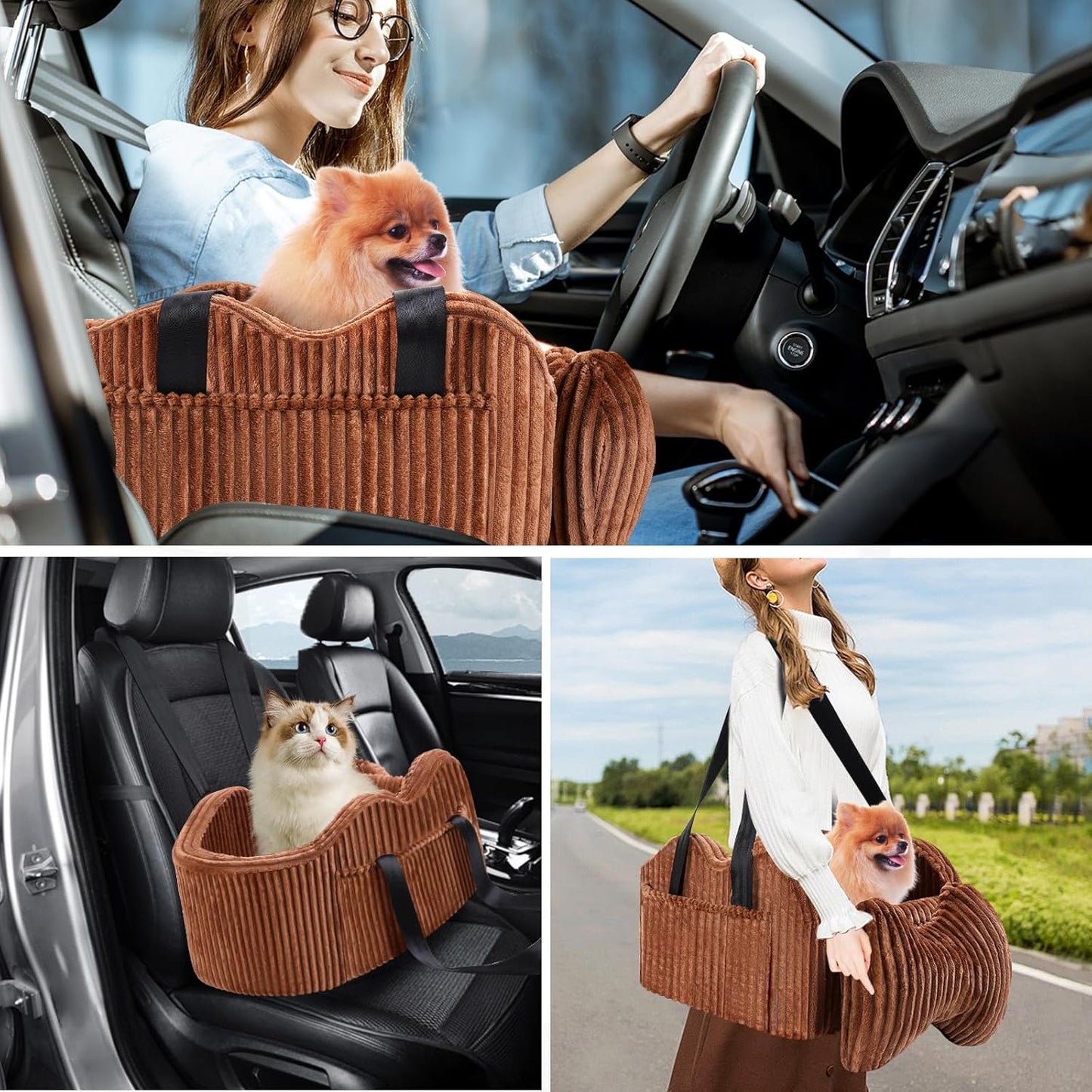 Center Console Dog Car Seat for Small Dogs, Pet Puppy Car Seats with Soft Cushion Safety Belt, Washable Cat Carseats, Pet Bed for Cars, Dog Booster Cars Seats for Dogs Small 5-15 lbs(Brown)