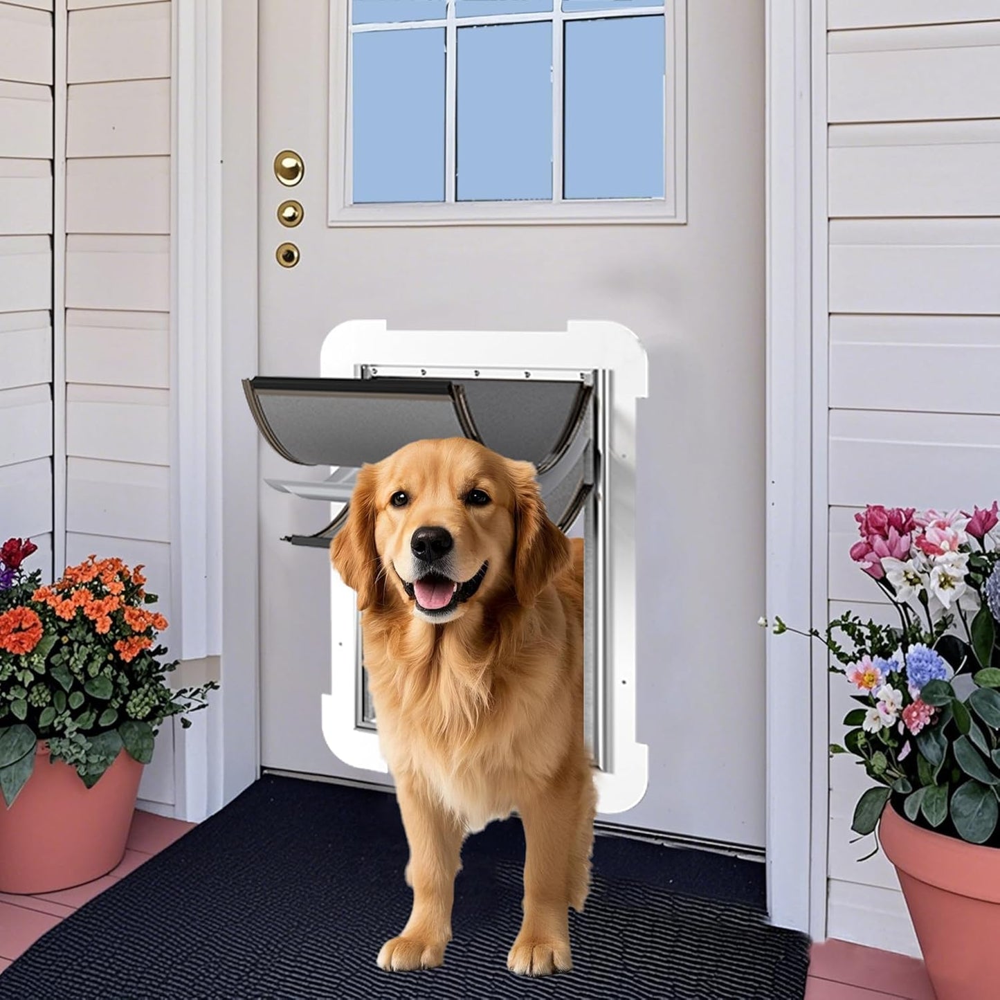 3-Flap Steel Large Dog Door for Exterior Doors with Sliding Lock Panel, Energy-Efficient Insulated Pet Door, Extreme Weather Doggy Door with Telescoping Tunnel, Never Rust(Pets Up to 100 Lb)