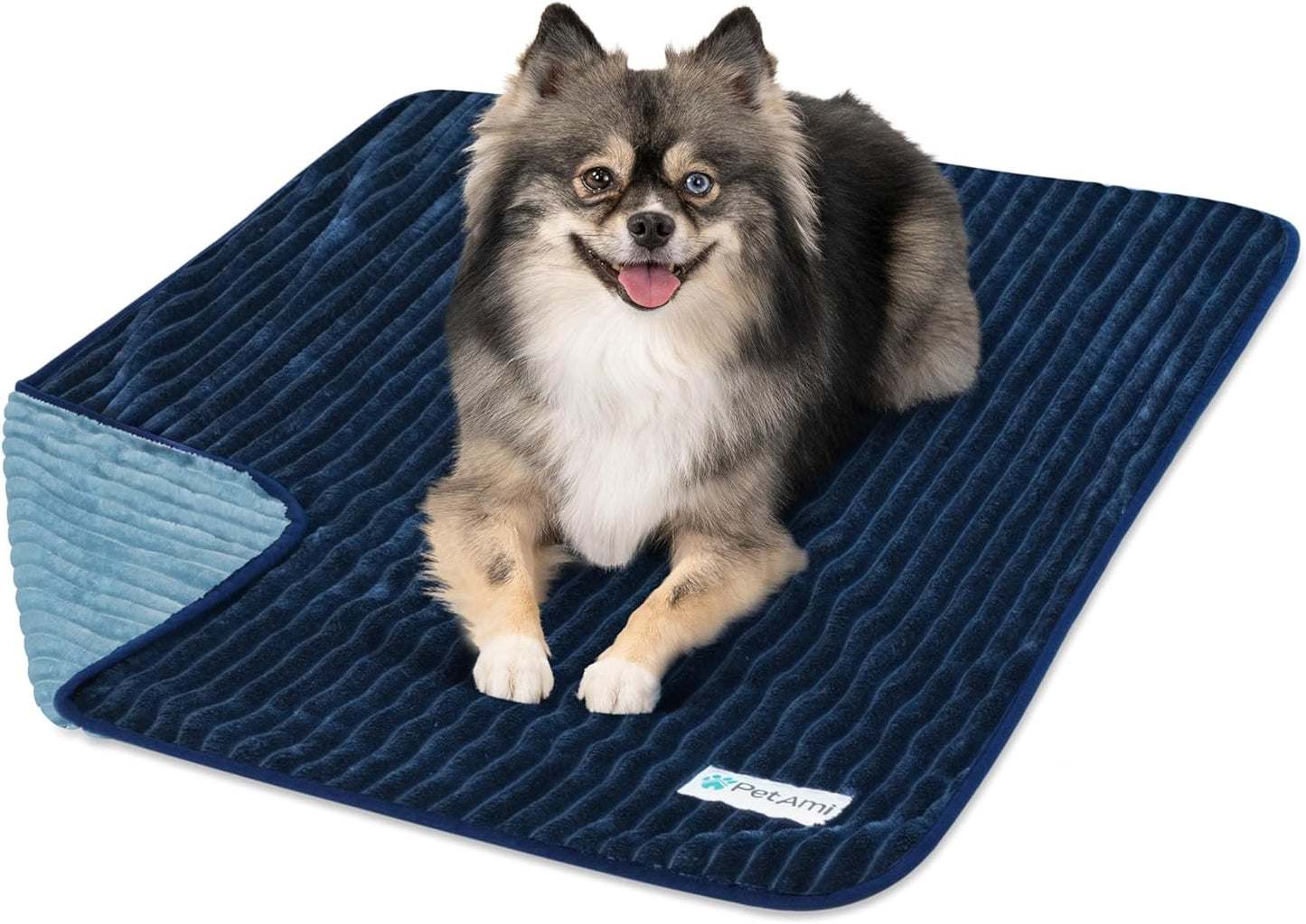 PetAmi Waterproof Dog Blanket, Leakproof Pet Blanket for Small Medium Large Dogs, Reversible Furniture Bed Sofa Couch Cover Protector, Plush Striped Pet Throw for Indoor Cat, 24x32 in, Navy Blue