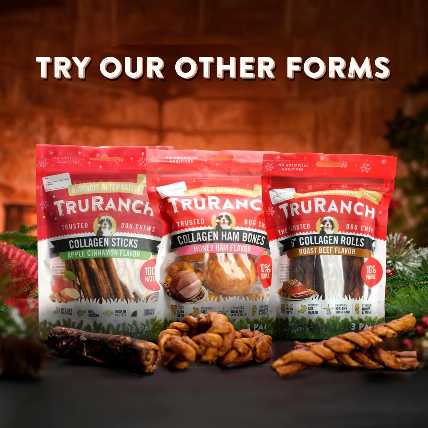 TRURANCH Gingerbread Collagen Braids - 1 Bag, 2 Count, Limited Edition Holiday Stocking Stuffer, Rawhide Free, 50% Protein, Healthy Limited Ingredients Dog Chew, for Small, Medium and Large Dogs