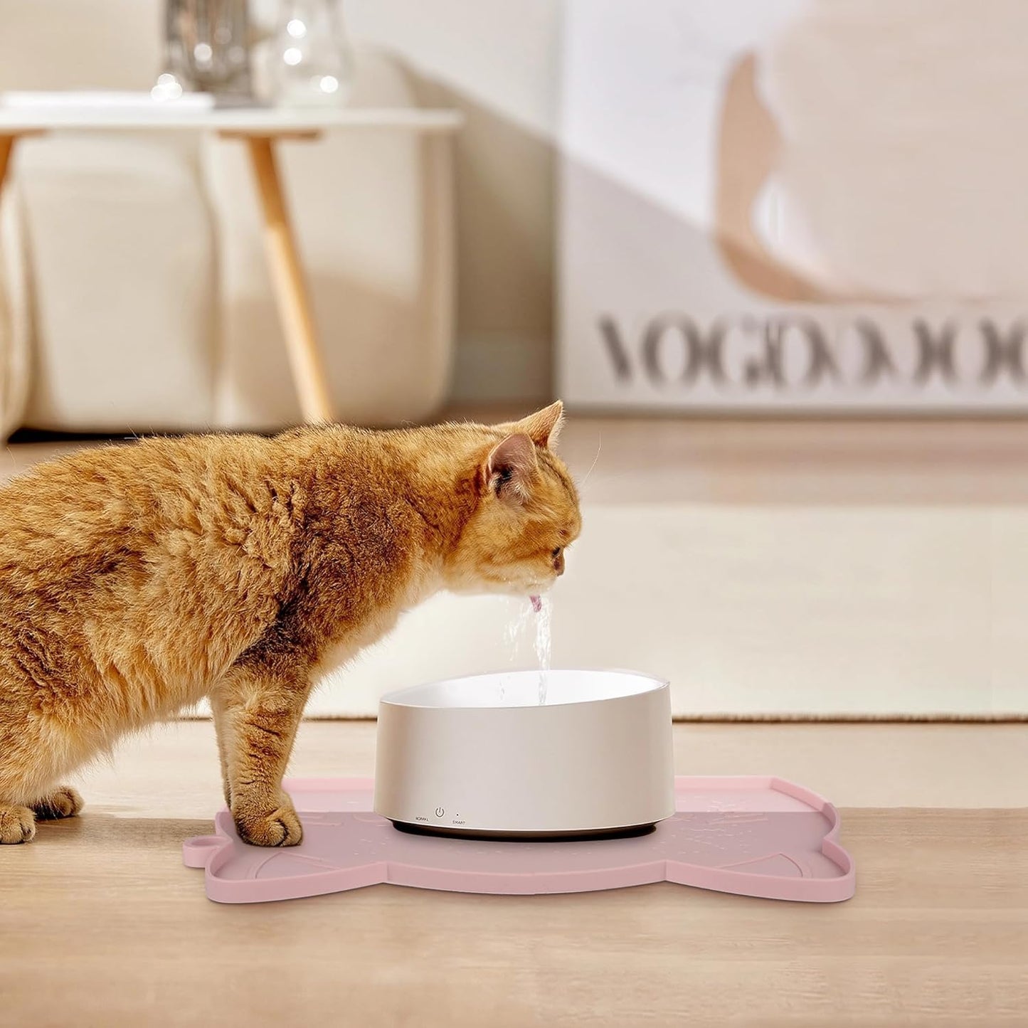 Coomazy Cat Food & Water Mat, Thicker Non-Slip Silicone Mat with Raised Edge (Pink, Medium)